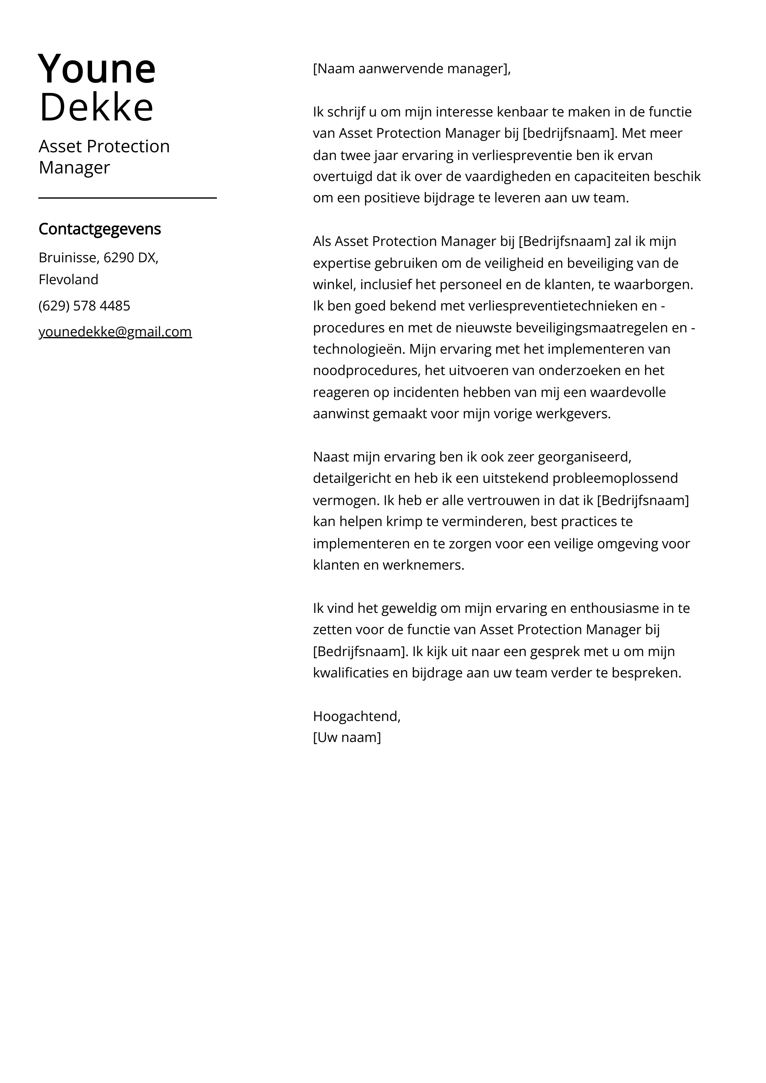 Asset Protection Manager Voorbeeld sollicitatiebrief