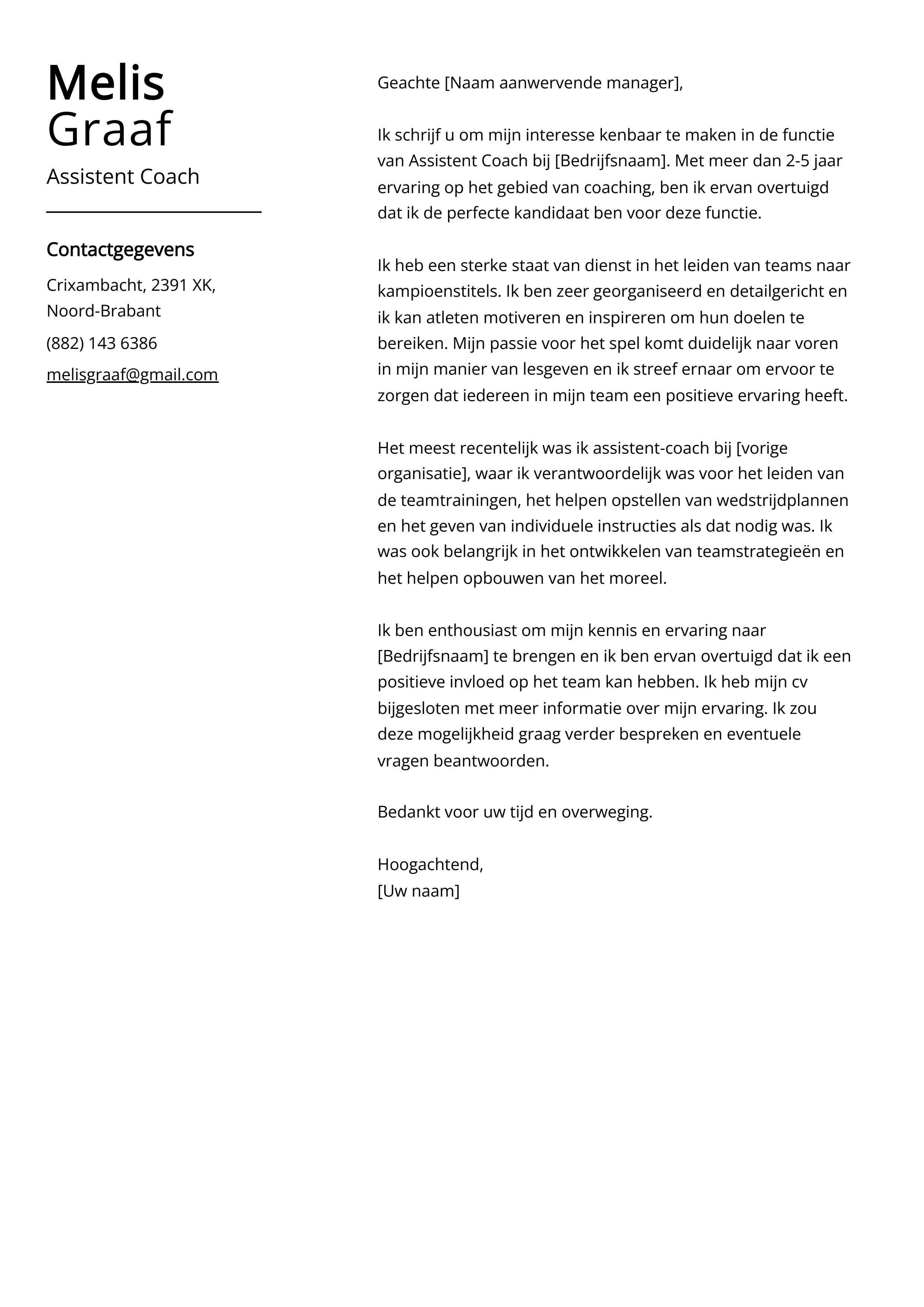 Assistent Coach Sollicitatiebrief Voorbeeld