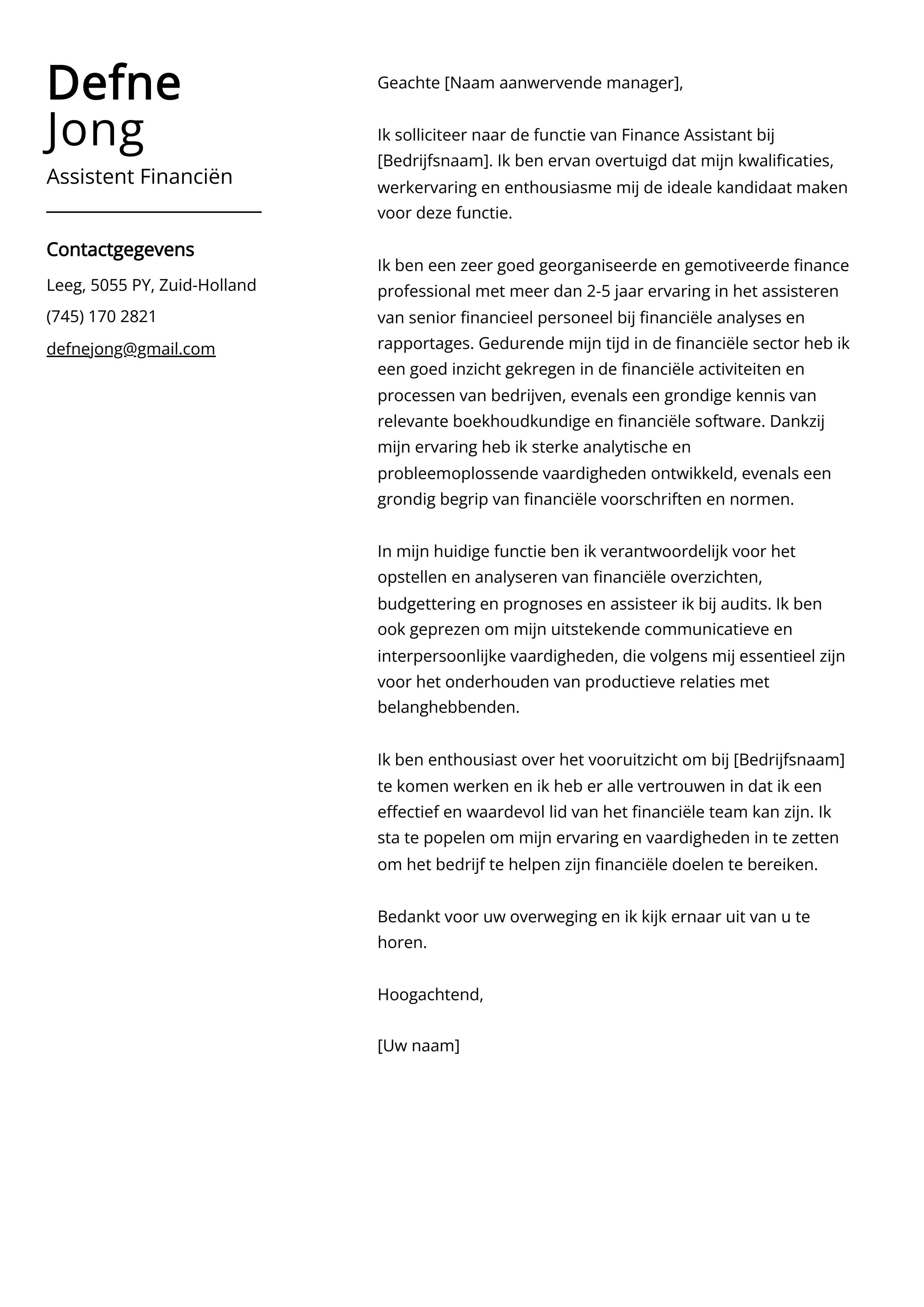 Assistent Financiën Cover Letter Voorbeeld