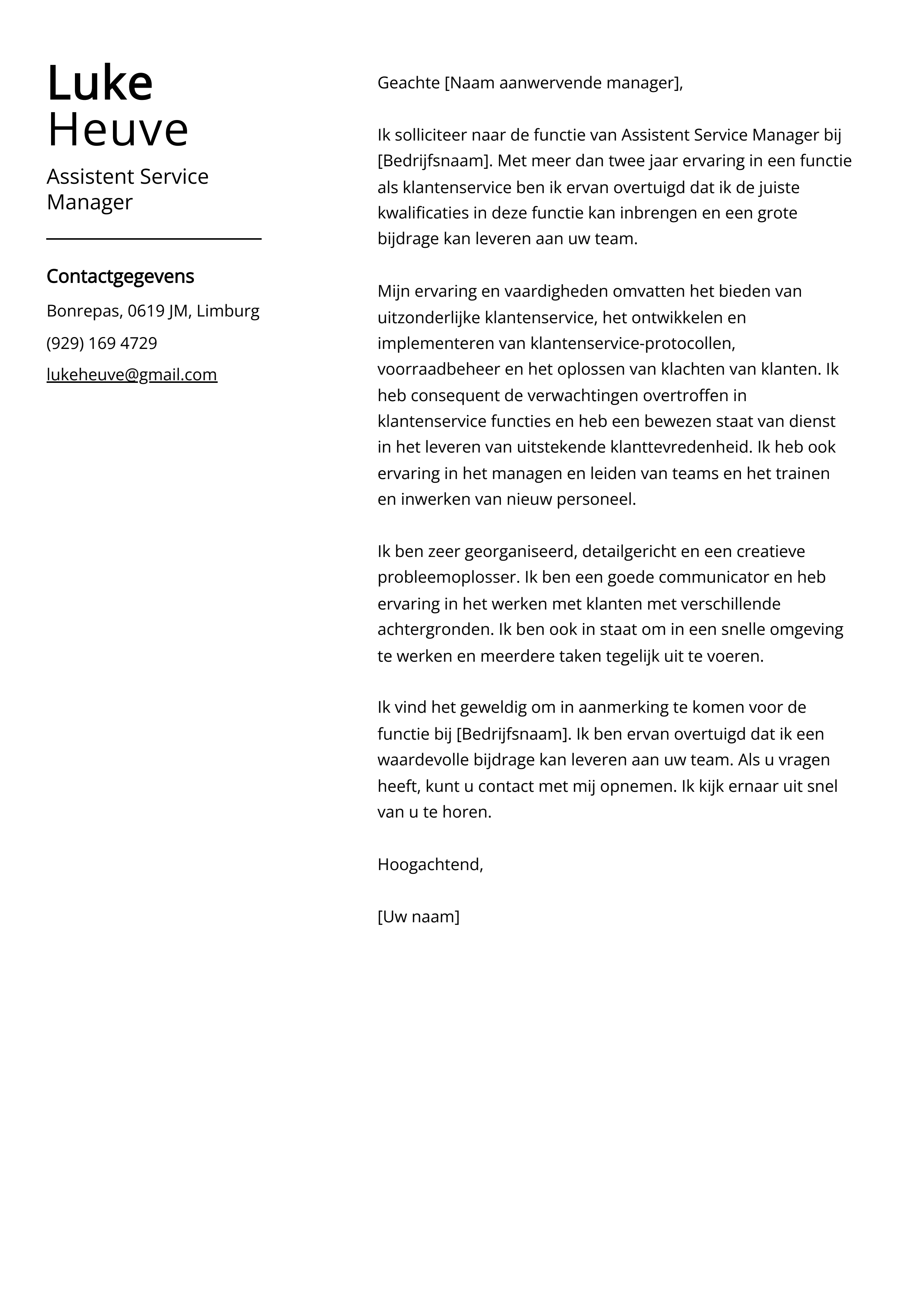 Assistent Service Manager Sollicitatiebrief Voorbeeld