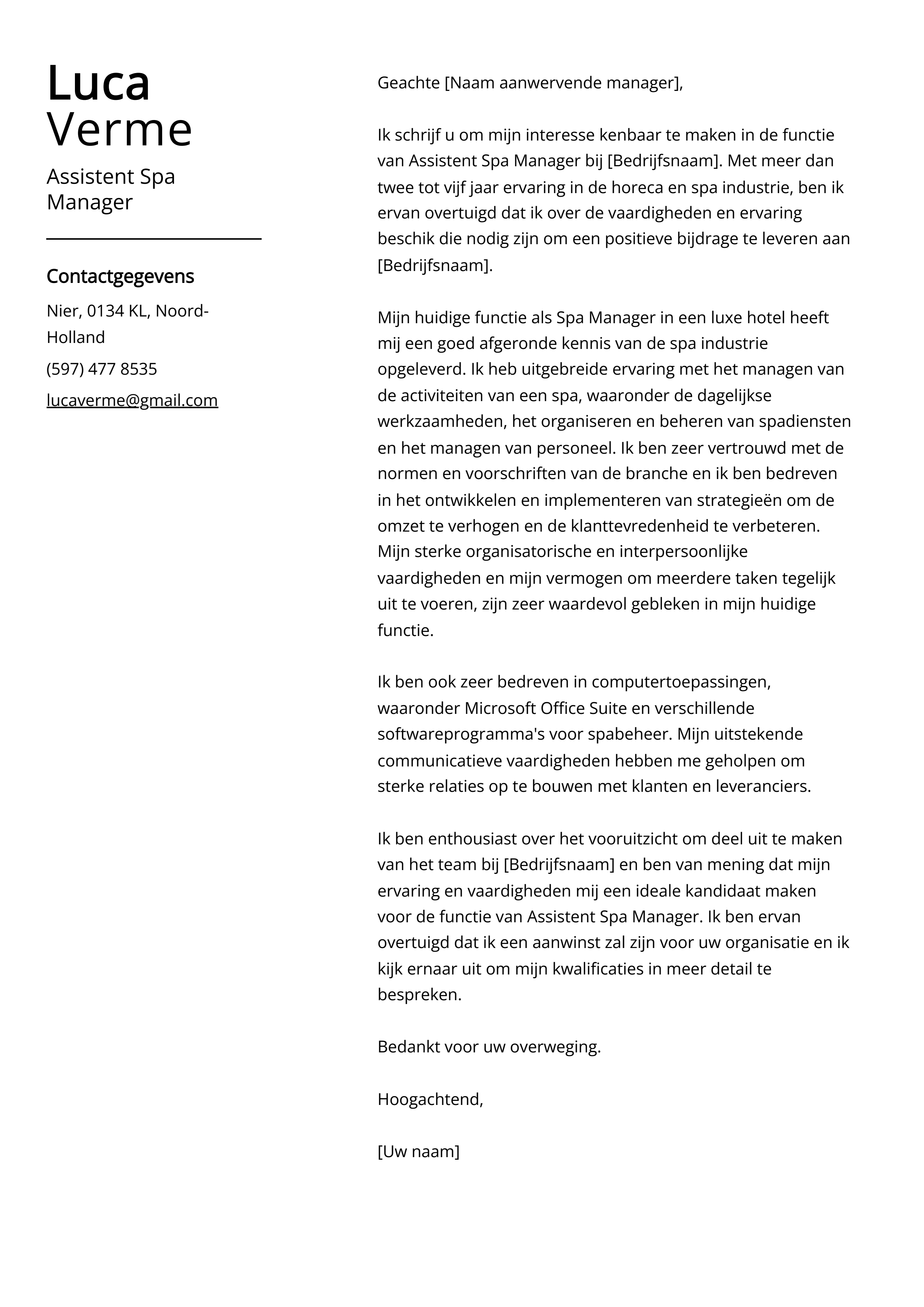 Assistent Spa Manager Sollicitatiebrief Voorbeeld