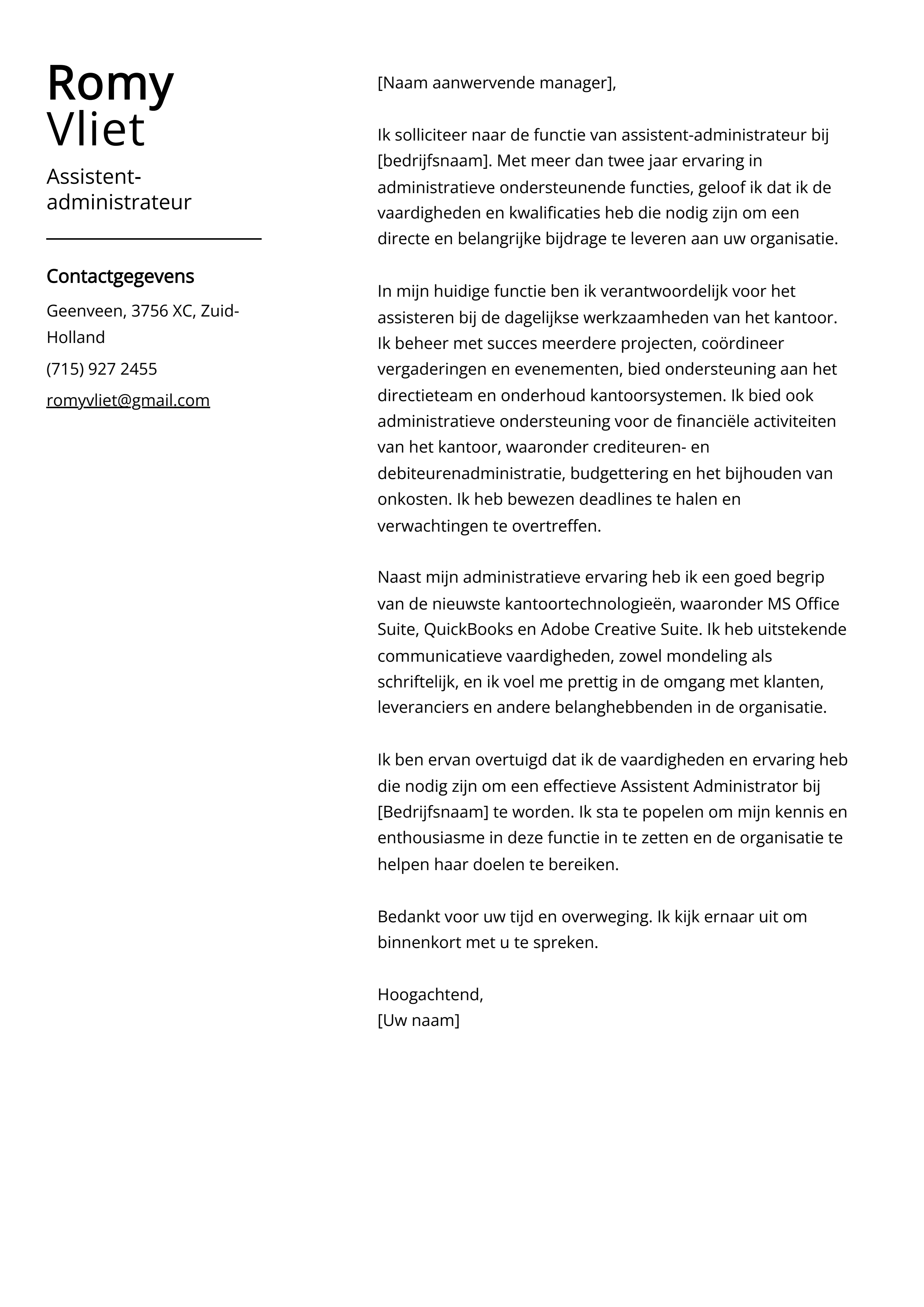 Assistent-administrateur Voorbeeld sollicitatiebrief