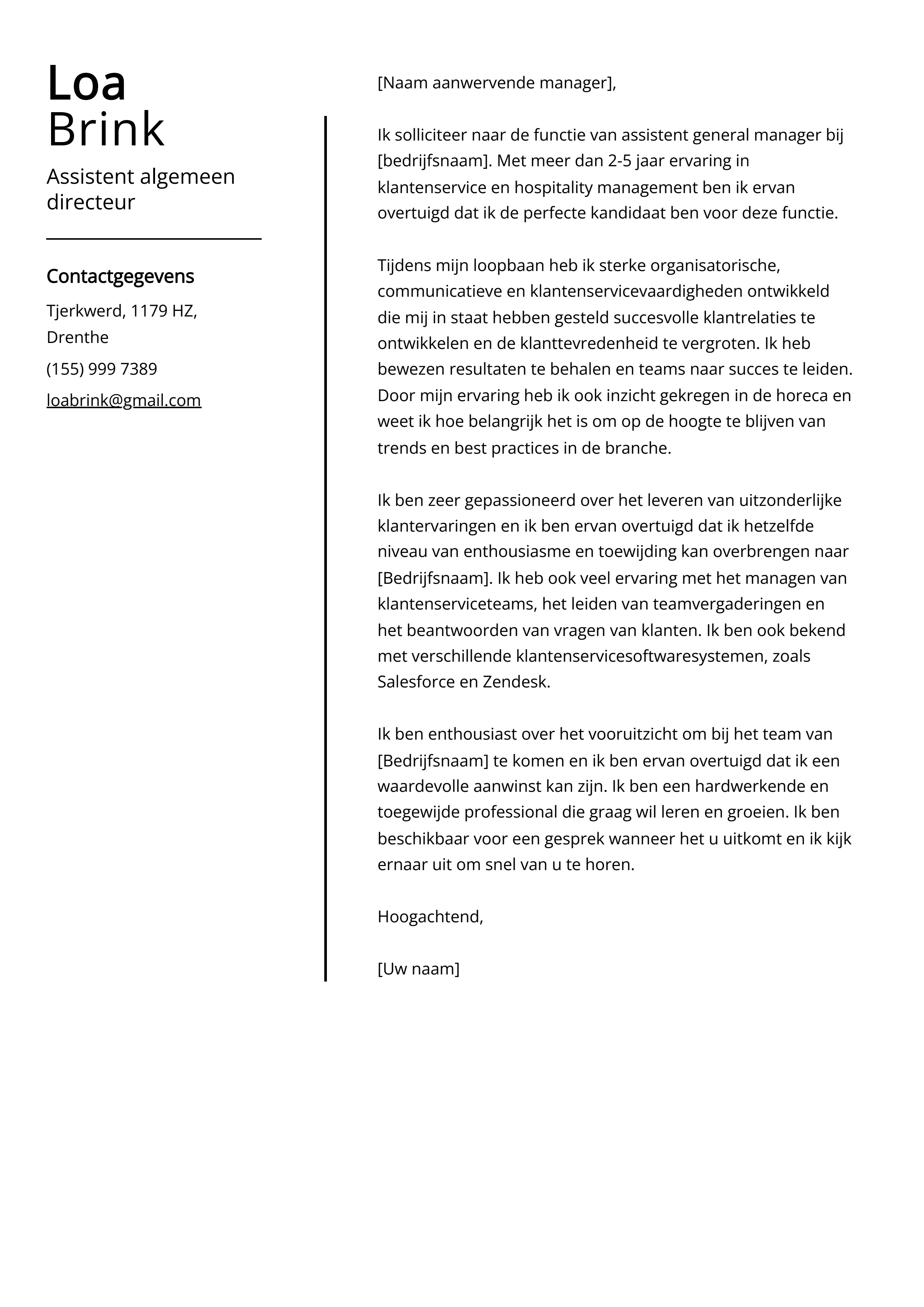 Assistent algemeen directeur Voorbeeld sollicitatiebrief