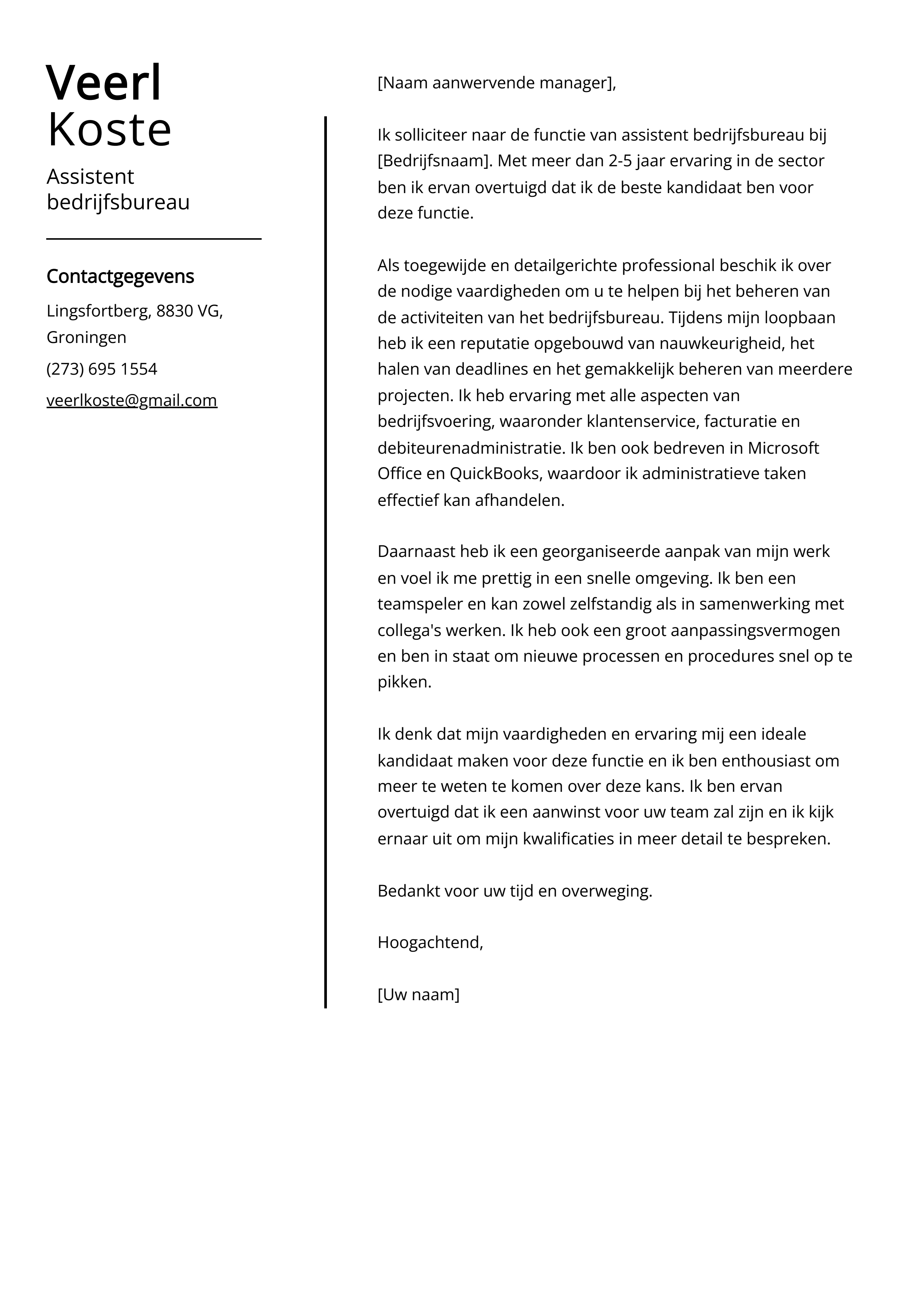 Assistent bedrijfsbureau Cover Letter Voorbeeld