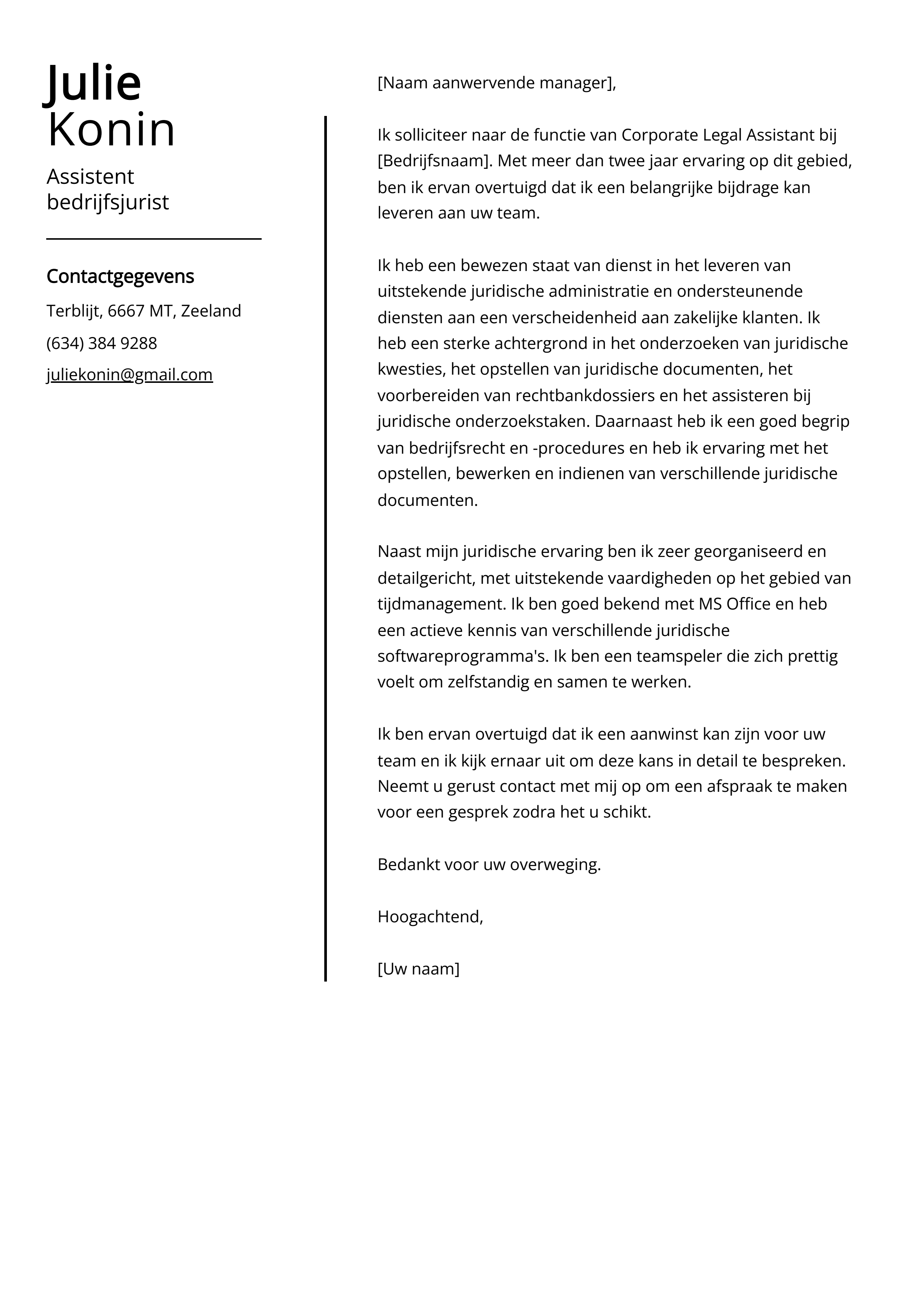 Assistent bedrijfsjurist Voorbeeld sollicitatiebrief