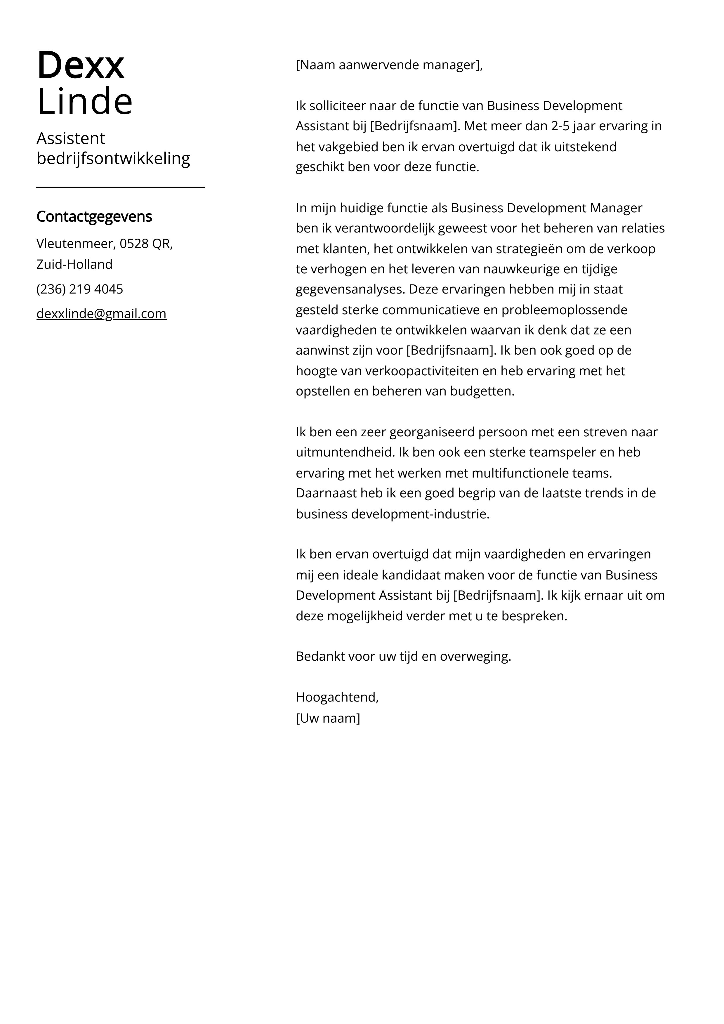 Assistent bedrijfsontwikkeling Cover Letter Voorbeeld