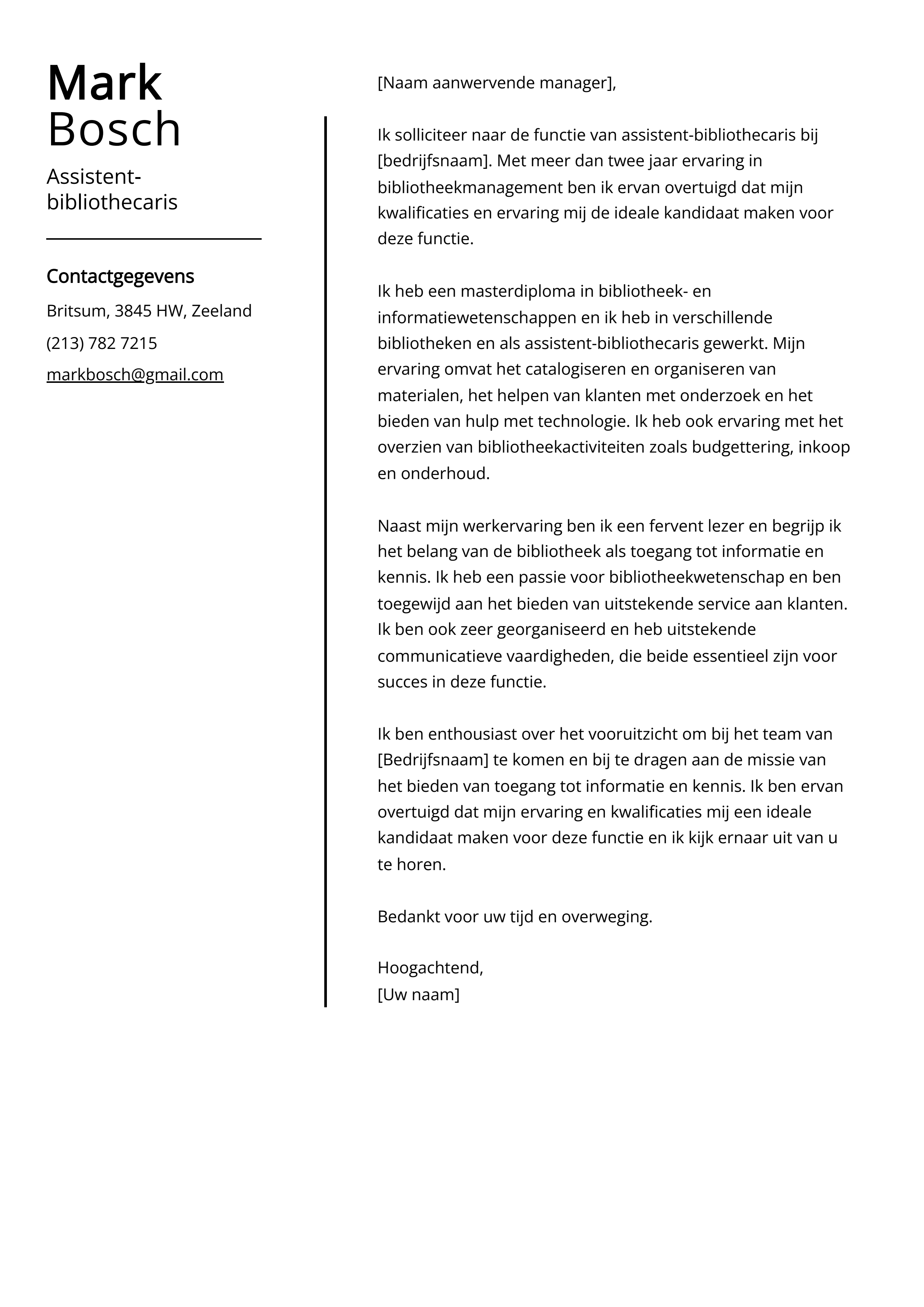 Assistent-bibliothecaris Voorbeeld sollicitatiebrief