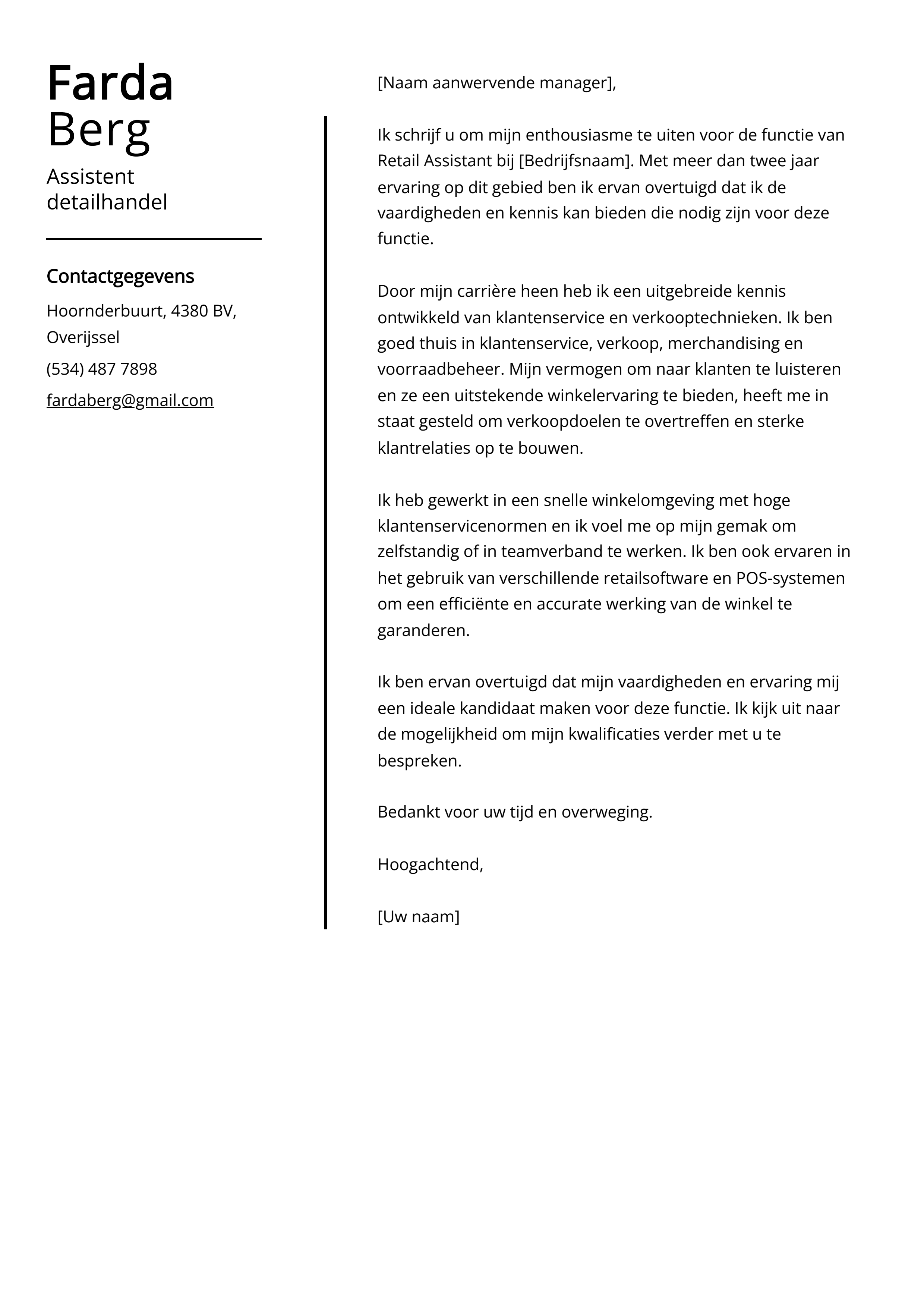 Assistent detailhandel Cover Letter Voorbeeld