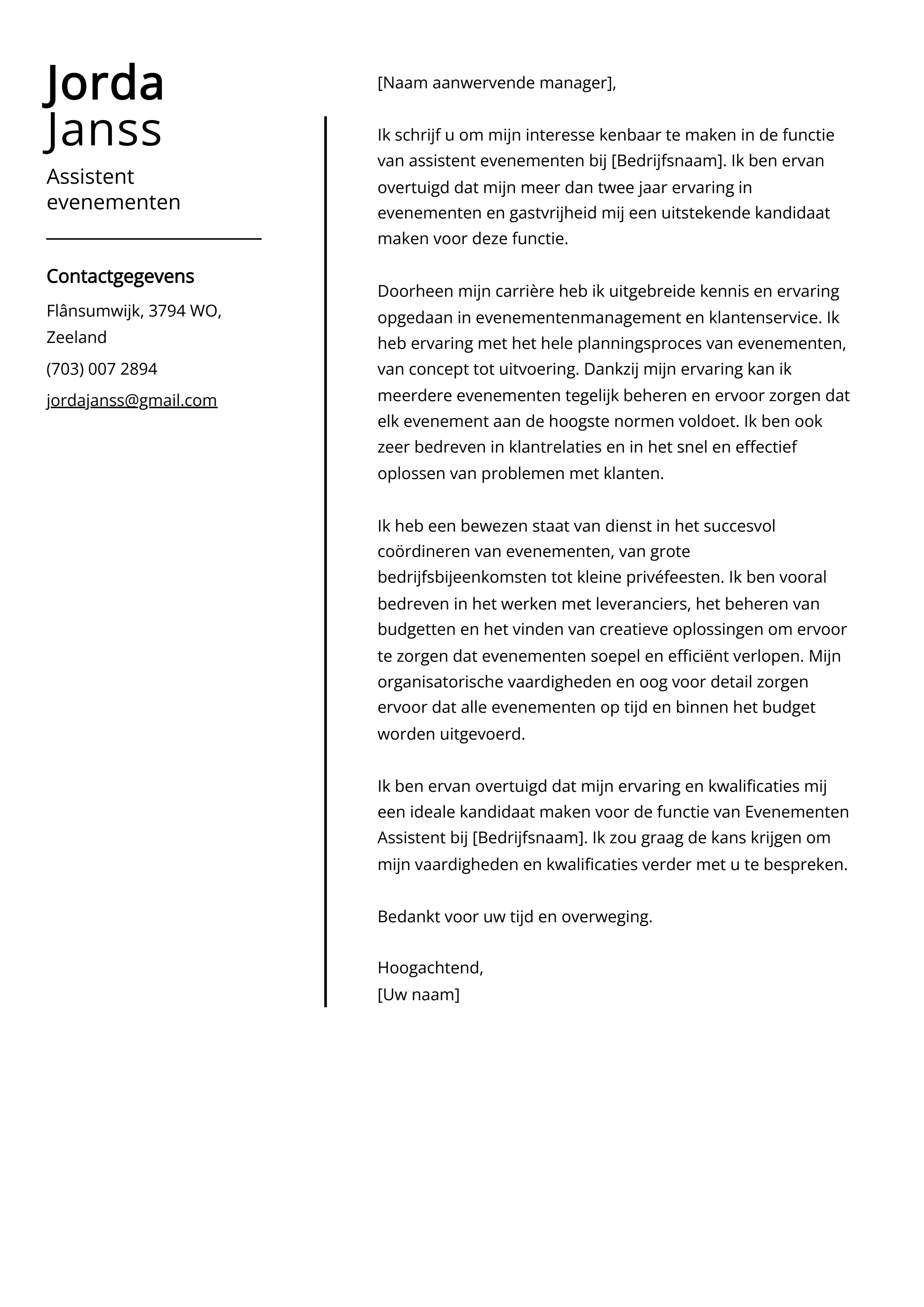 Assistent evenementen Cover Letter Voorbeeld