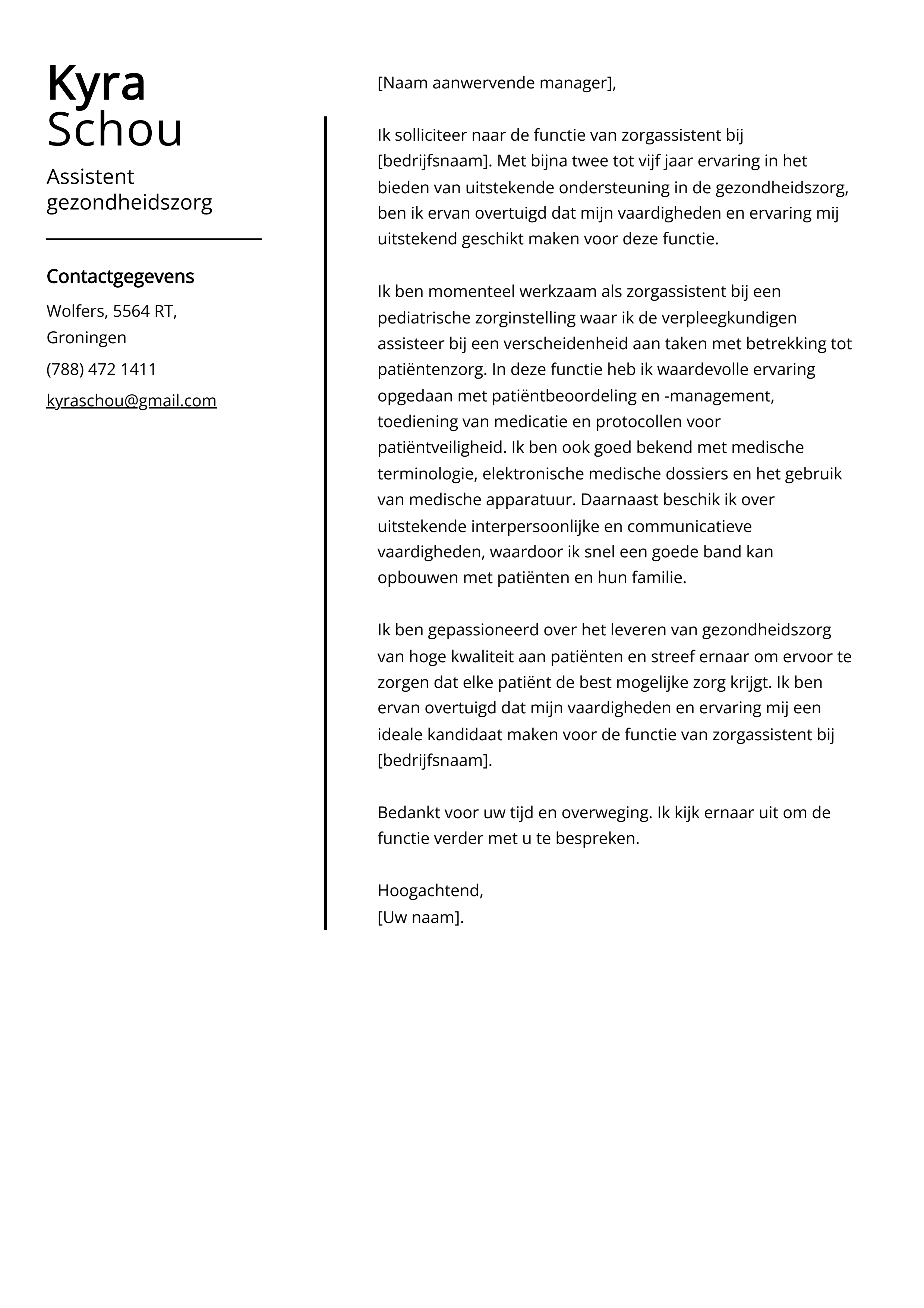 Assistent gezondheidszorg Cover Letter Voorbeeld