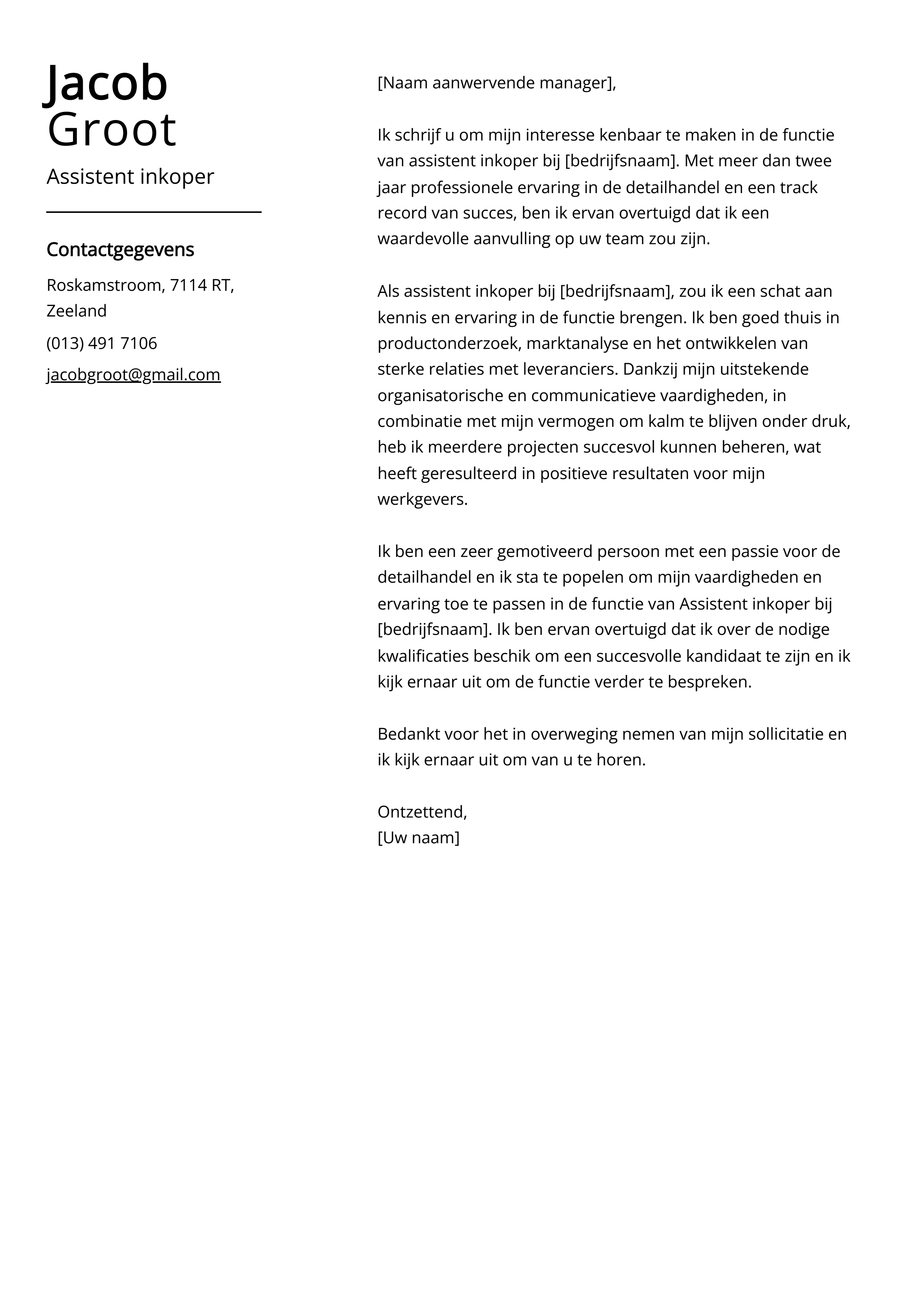 Assistent inkoper Sollicitatiebrief Voorbeeld