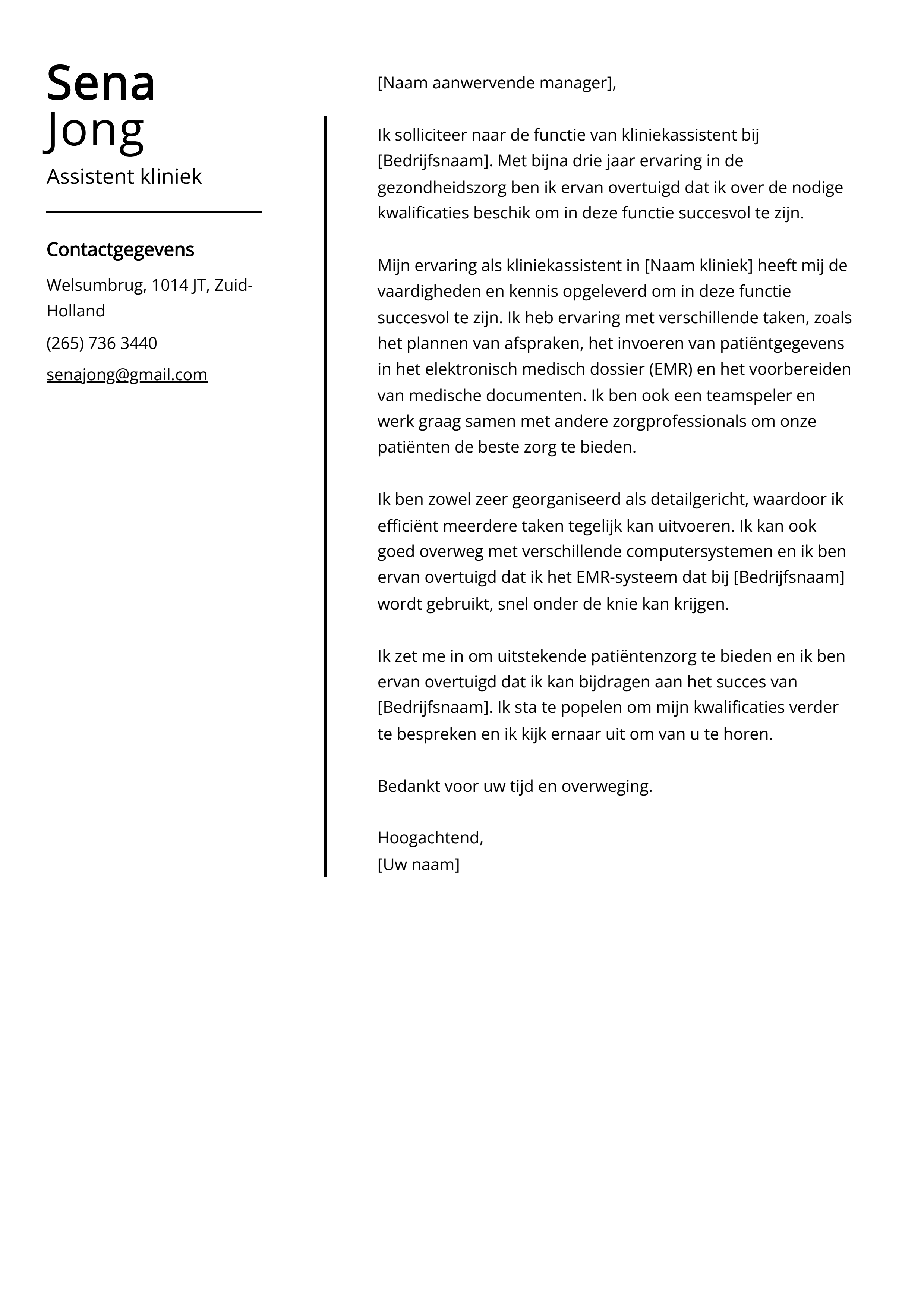 Assistent kliniek Cover Letter Voorbeeld