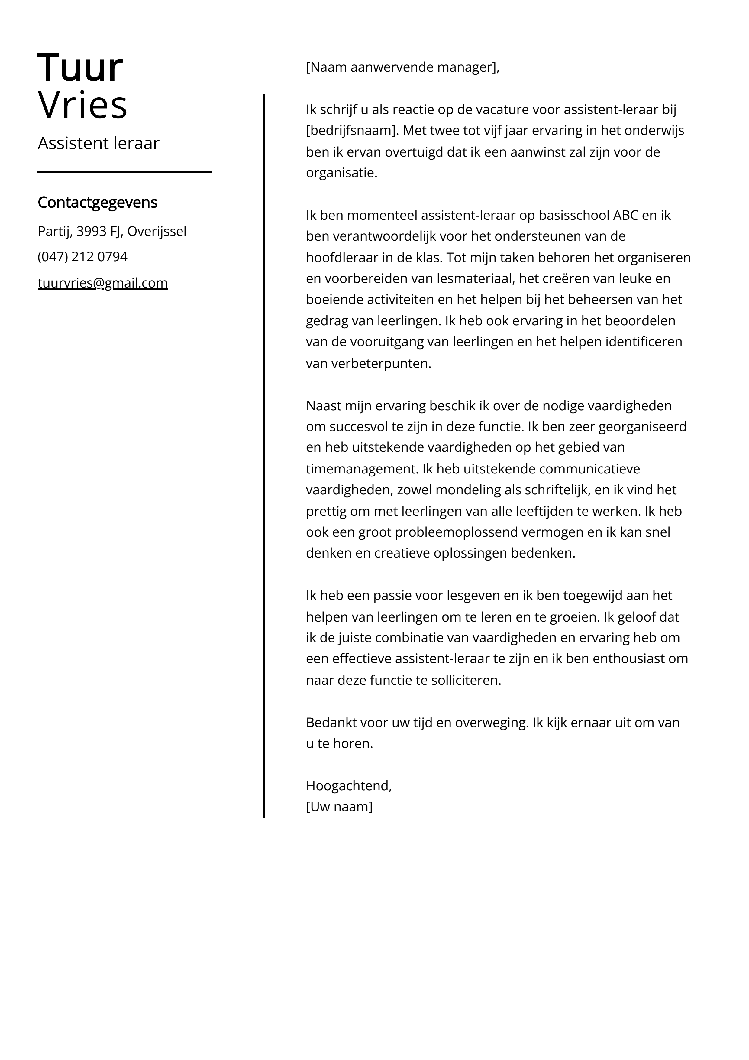 Voorbeeld sollicitatiebrief assistent leraar