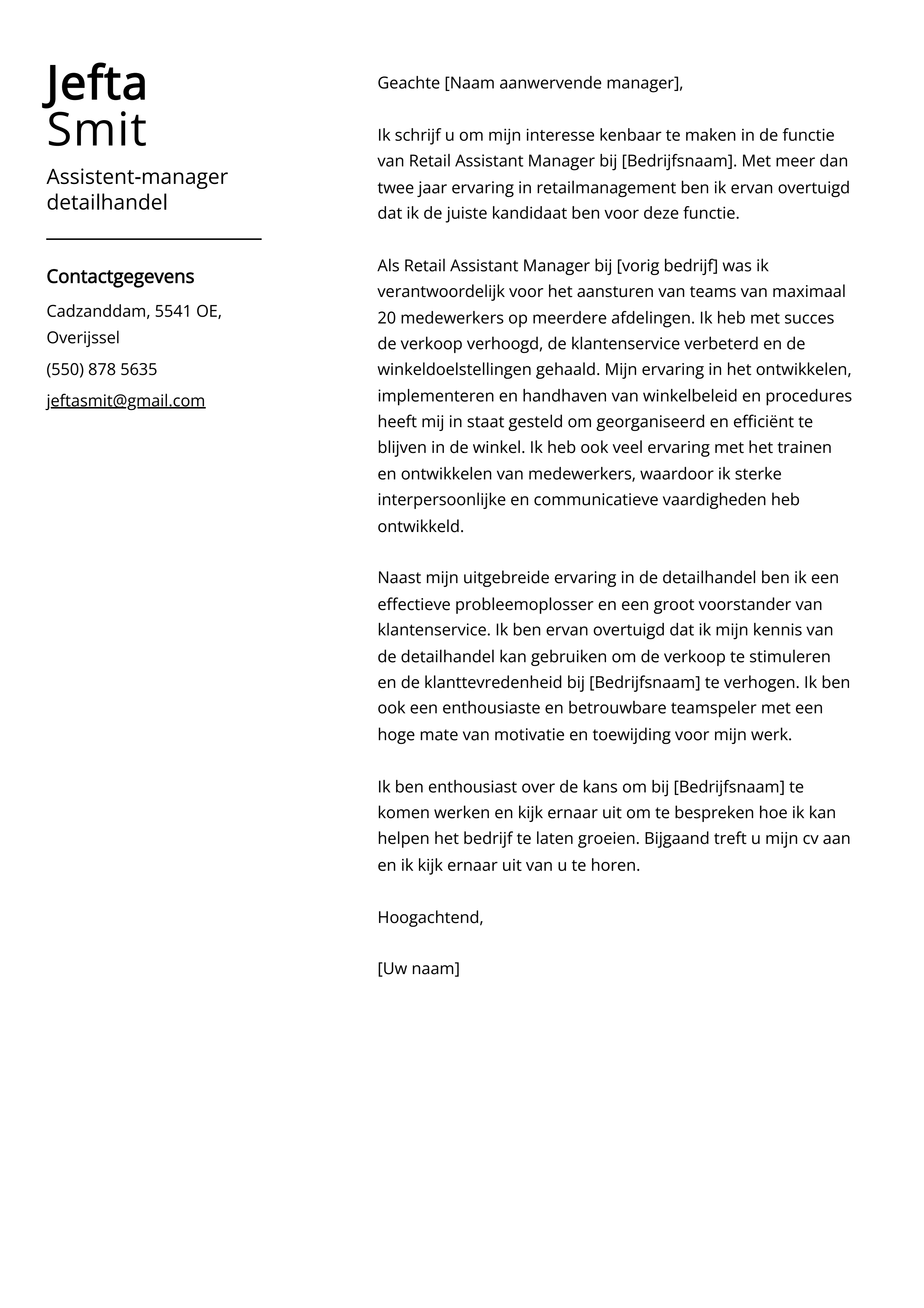 Assistent-manager detailhandel Voorbeeld sollicitatiebrief