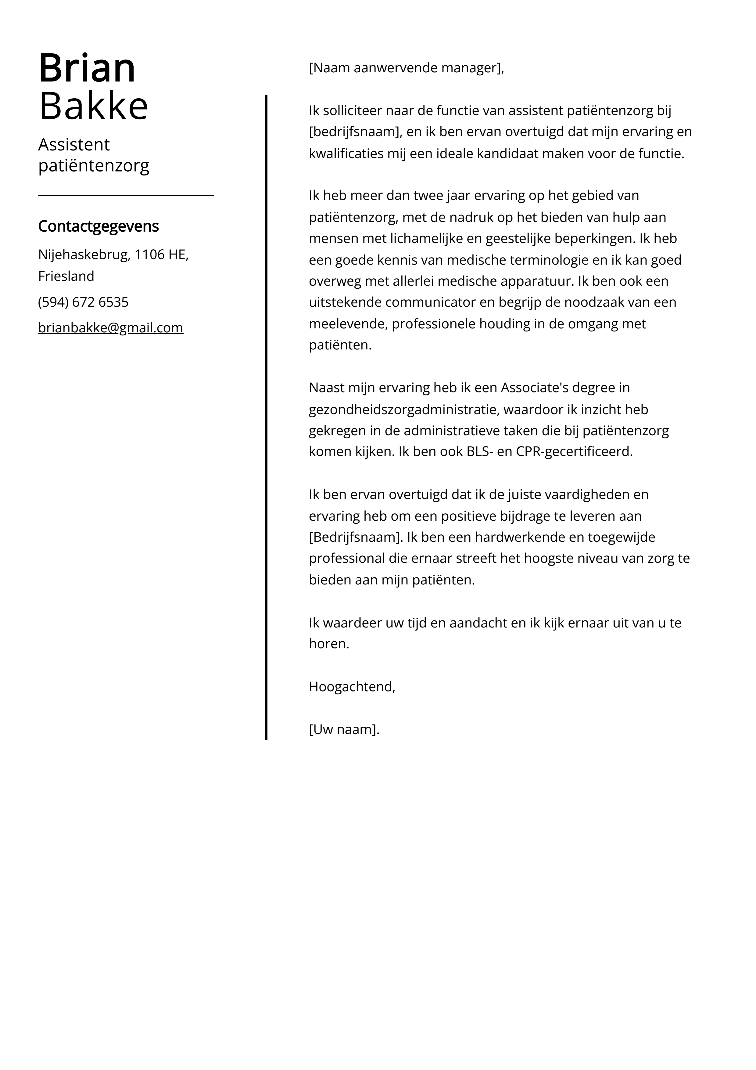 Assistent patiëntenzorg Cover Letter Voorbeeld