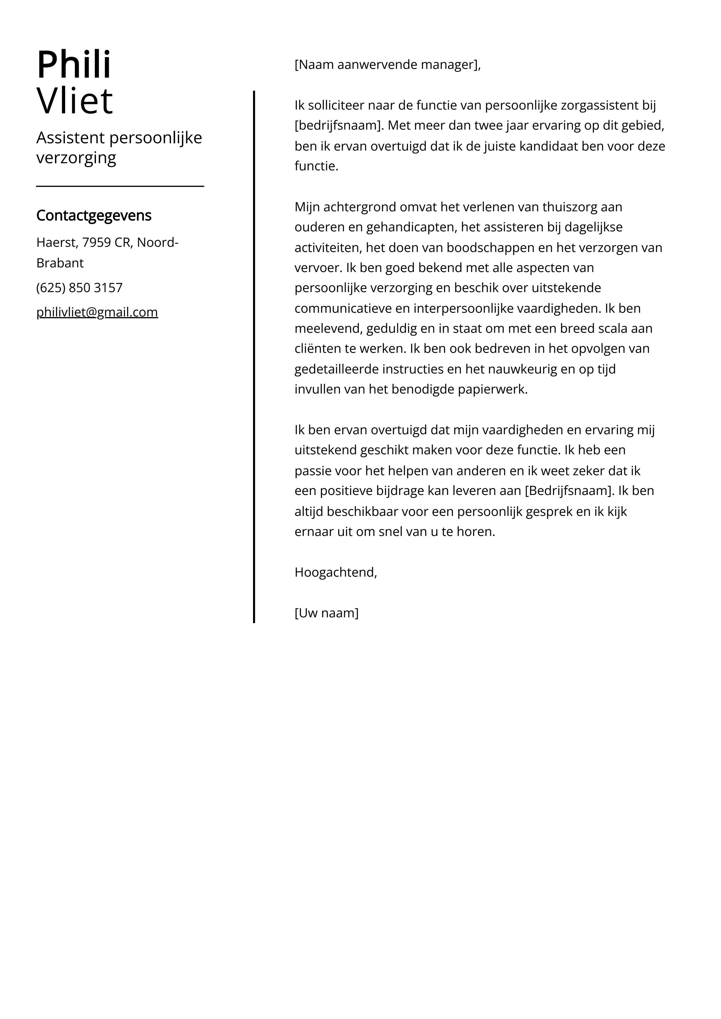 Assistent persoonlijke verzorging Cover Letter Voorbeeld