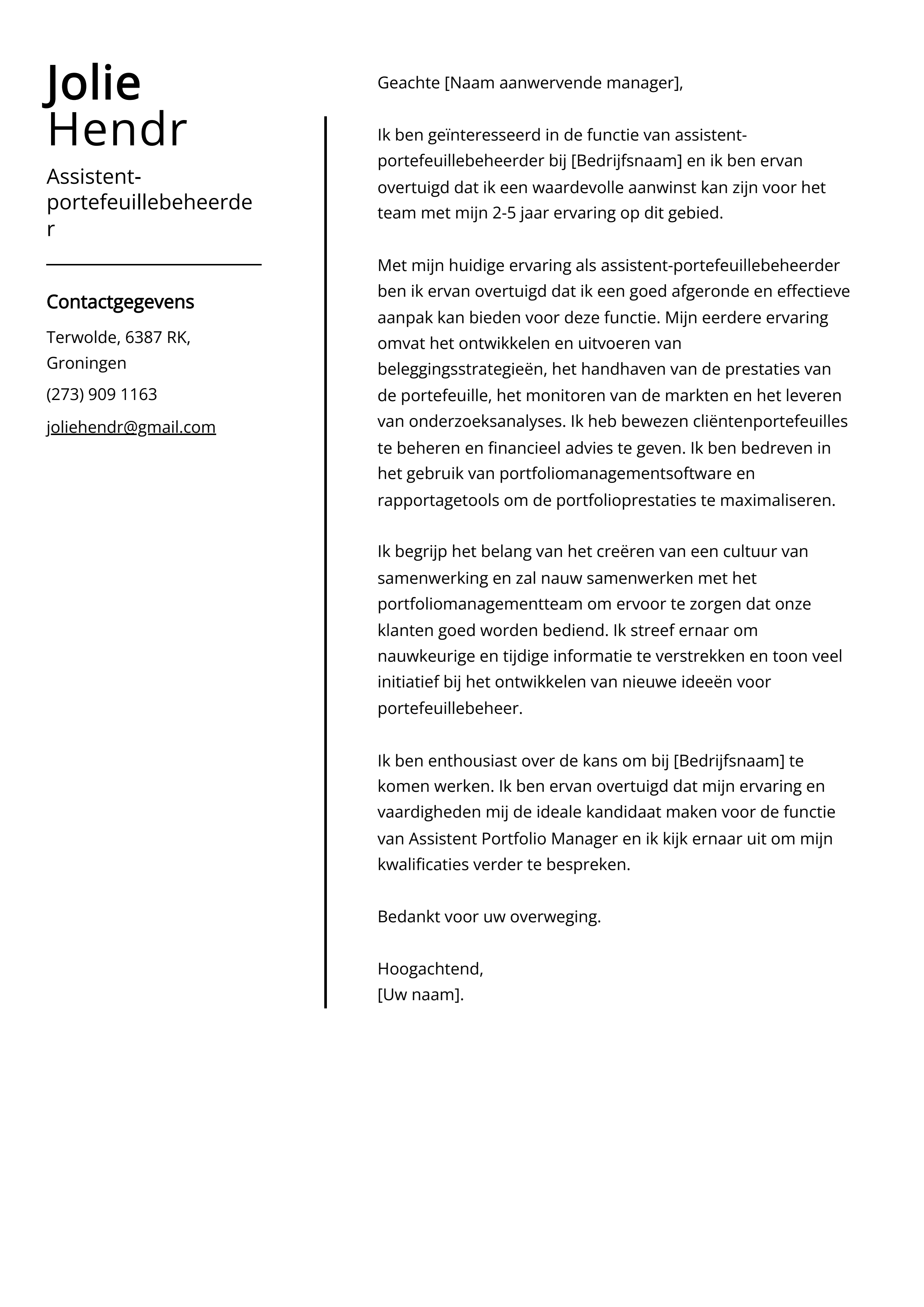 Assistent-portefeuillebeheerder Voorbeeld sollicitatiebrief