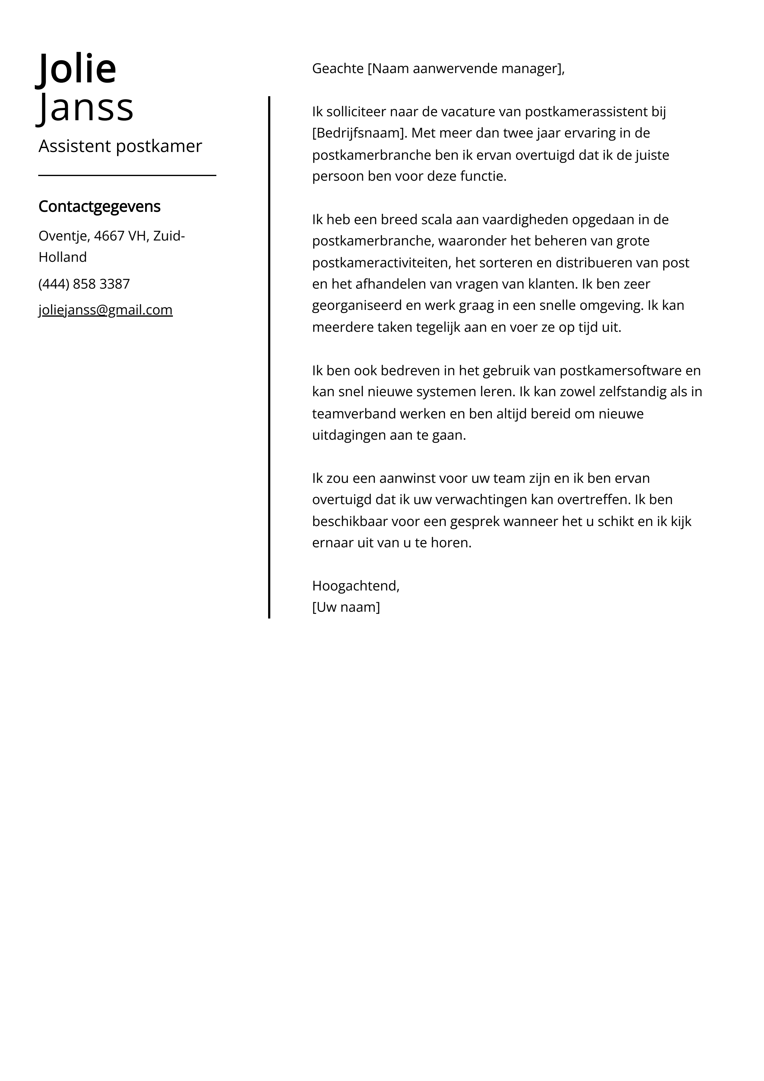 Assistent postkamer sollicitatiebrief voorbeeld