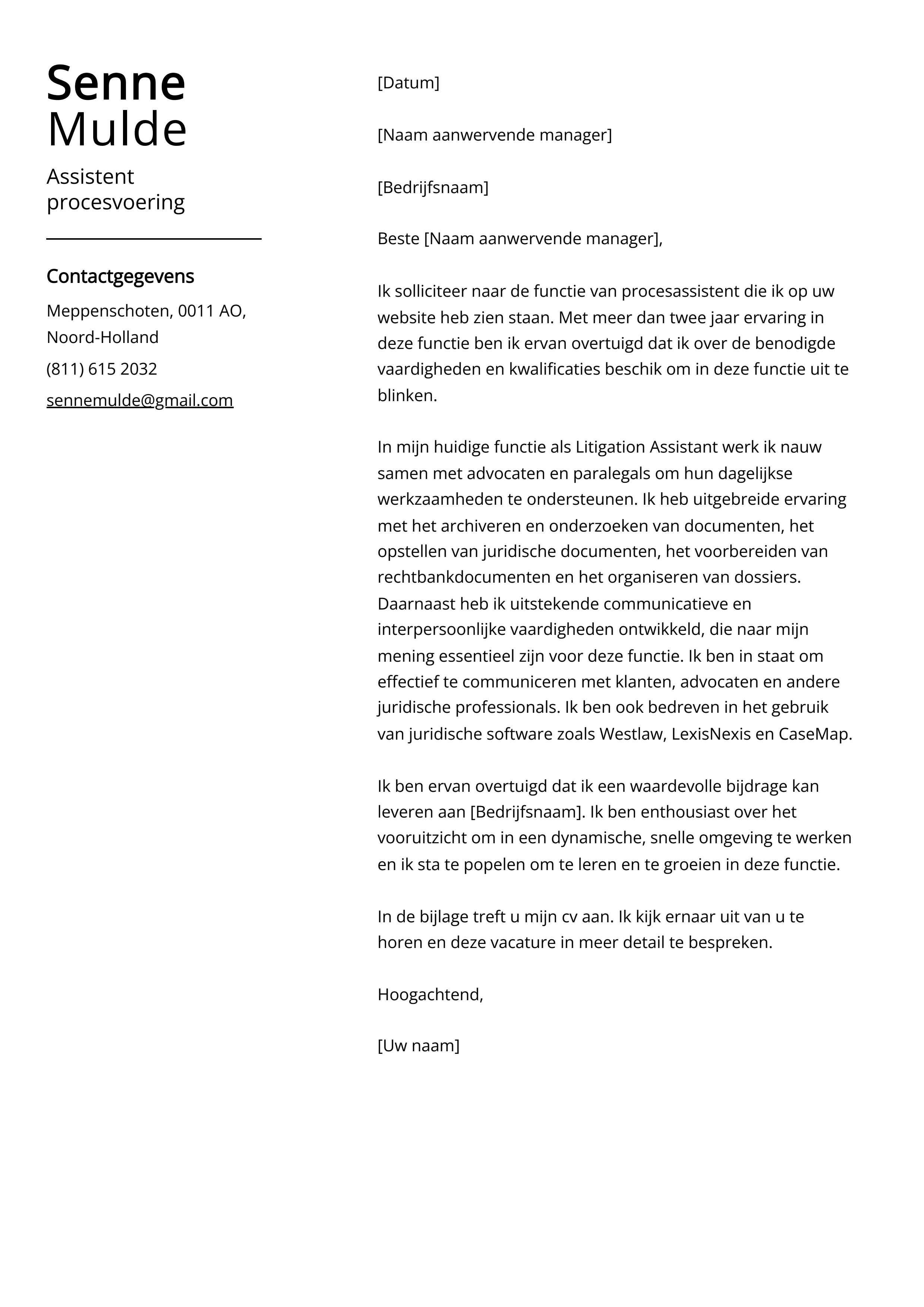 Assistent procesvoering Cover Letter Voorbeeld