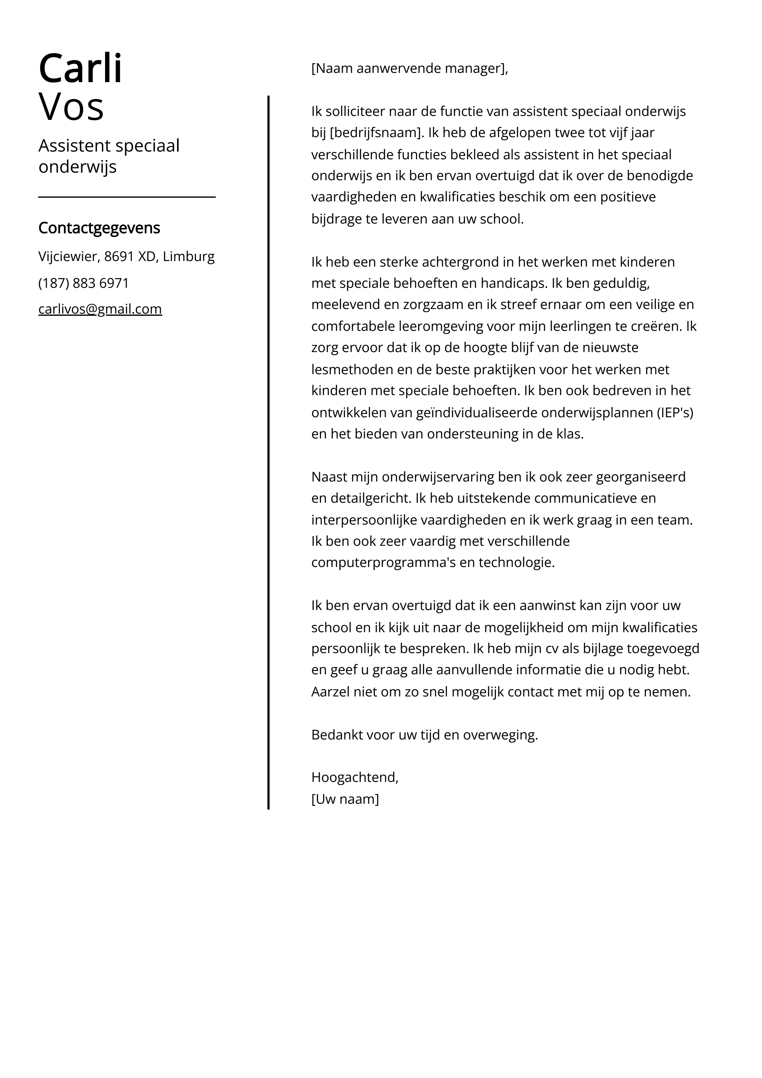 Assistent speciaal onderwijs Cover Letter Voorbeeld