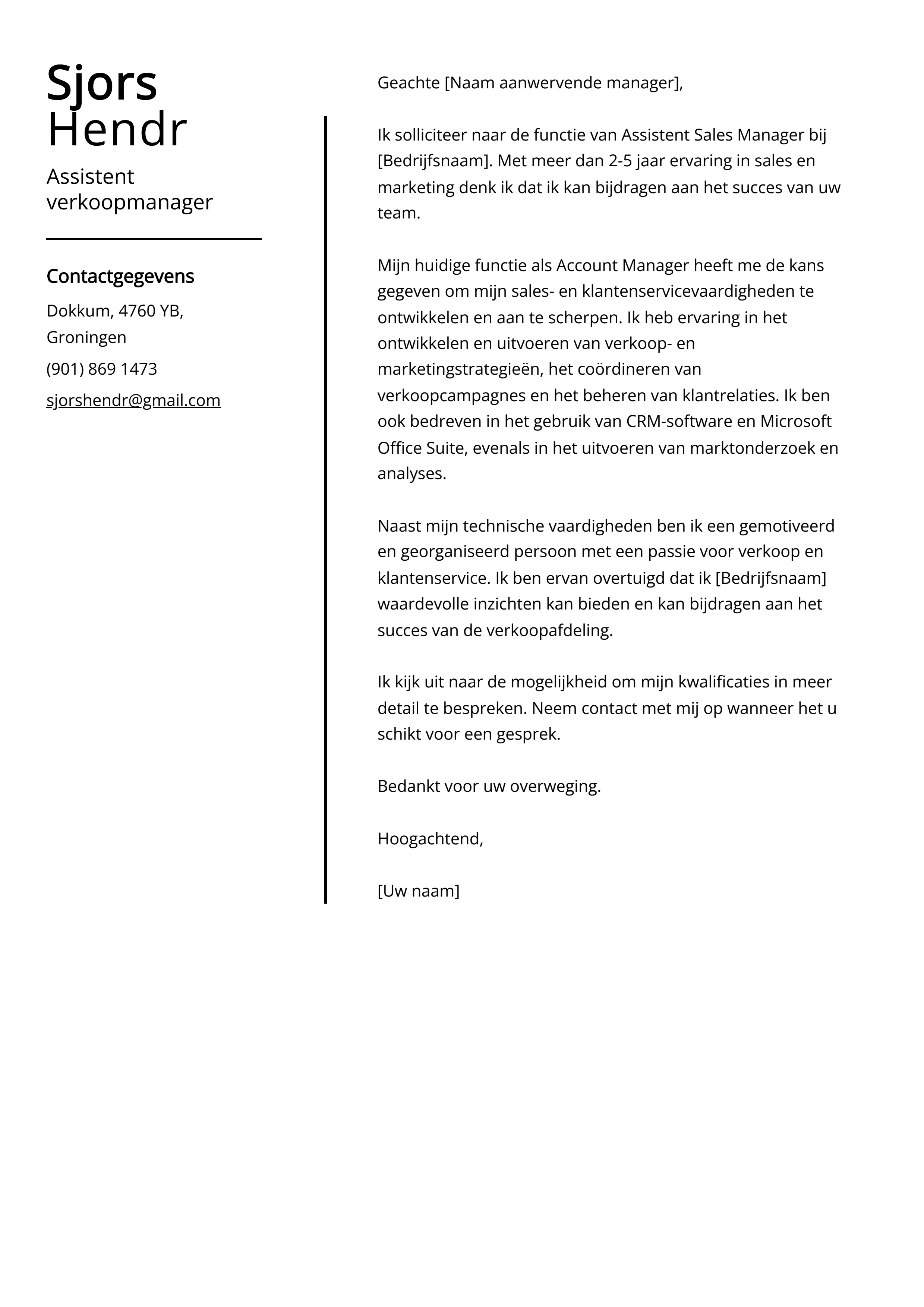 Assistent verkoopmanager Cover Letter Voorbeeld