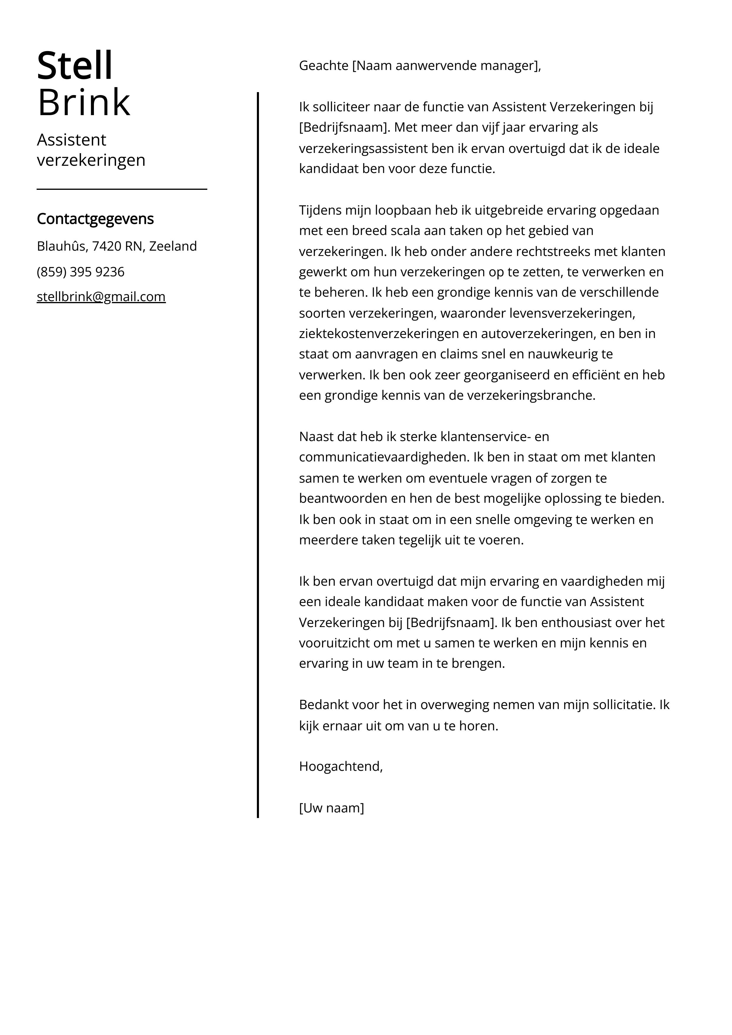 Assistent verzekeringen Voorbeeld sollicitatiebrief