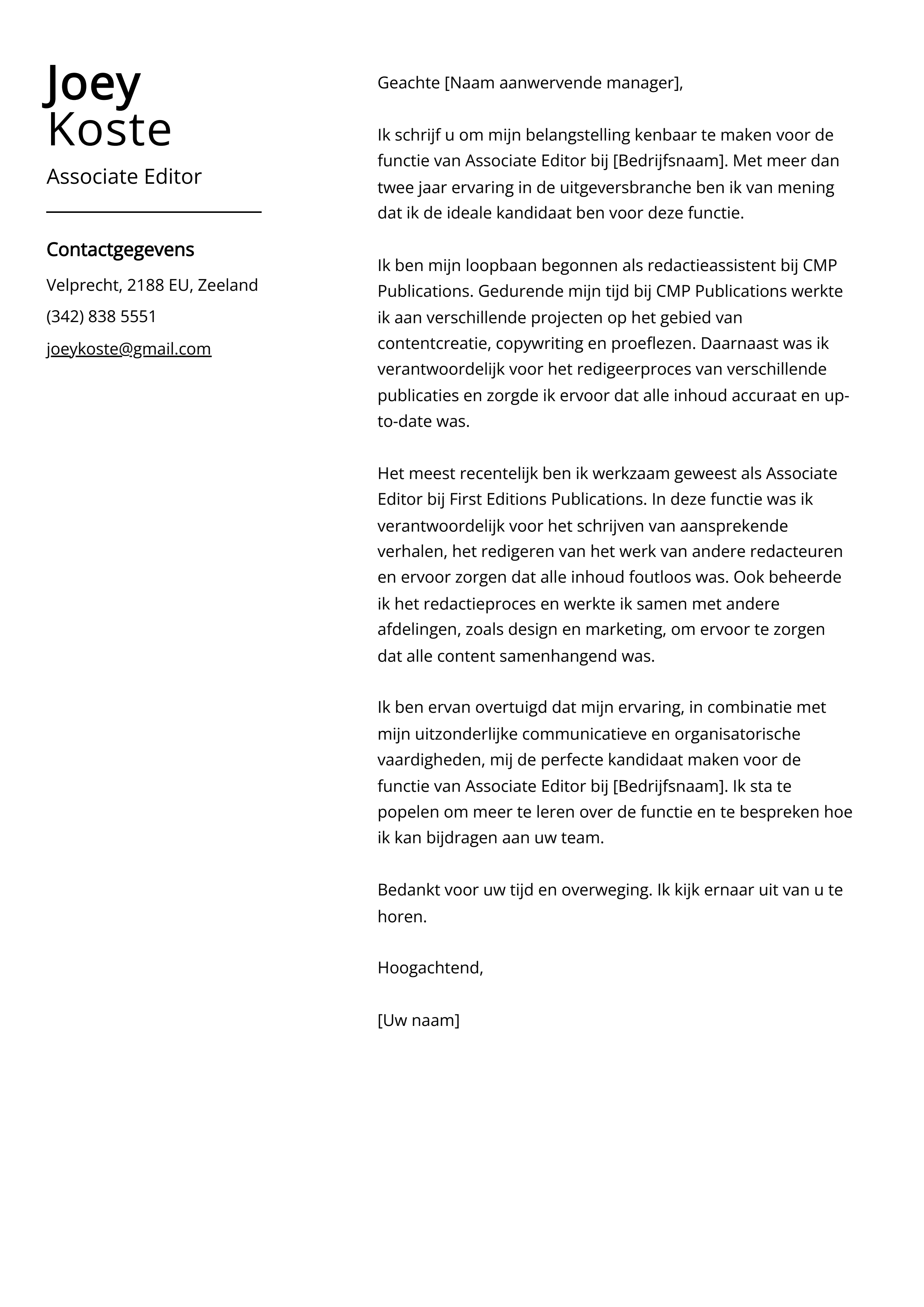 Associate Editor Voorbeeld sollicitatiebrief