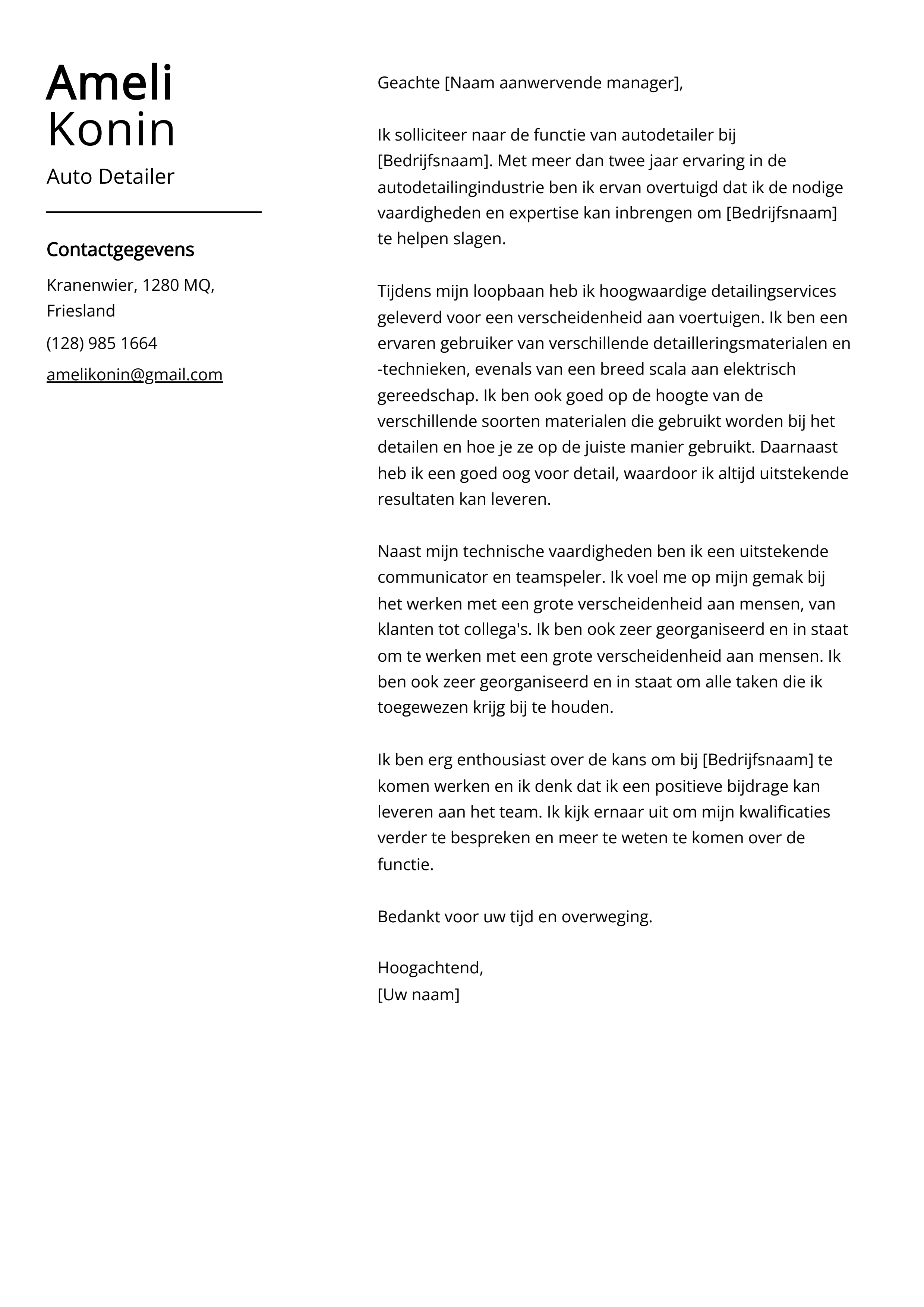 Auto Detailer Voorbeeld sollicitatiebrief