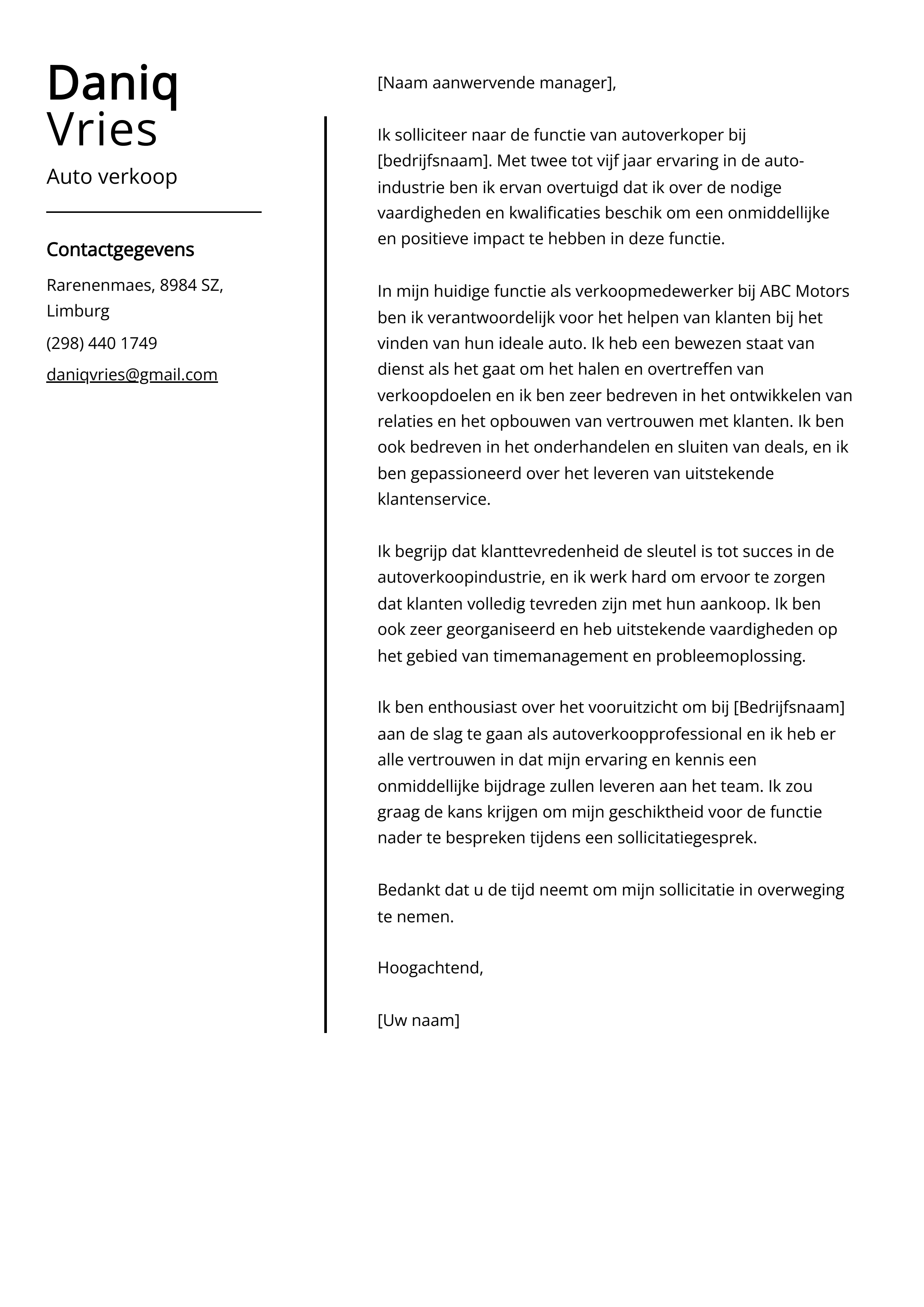 Auto verkoop sollicitatiebrief voorbeeld