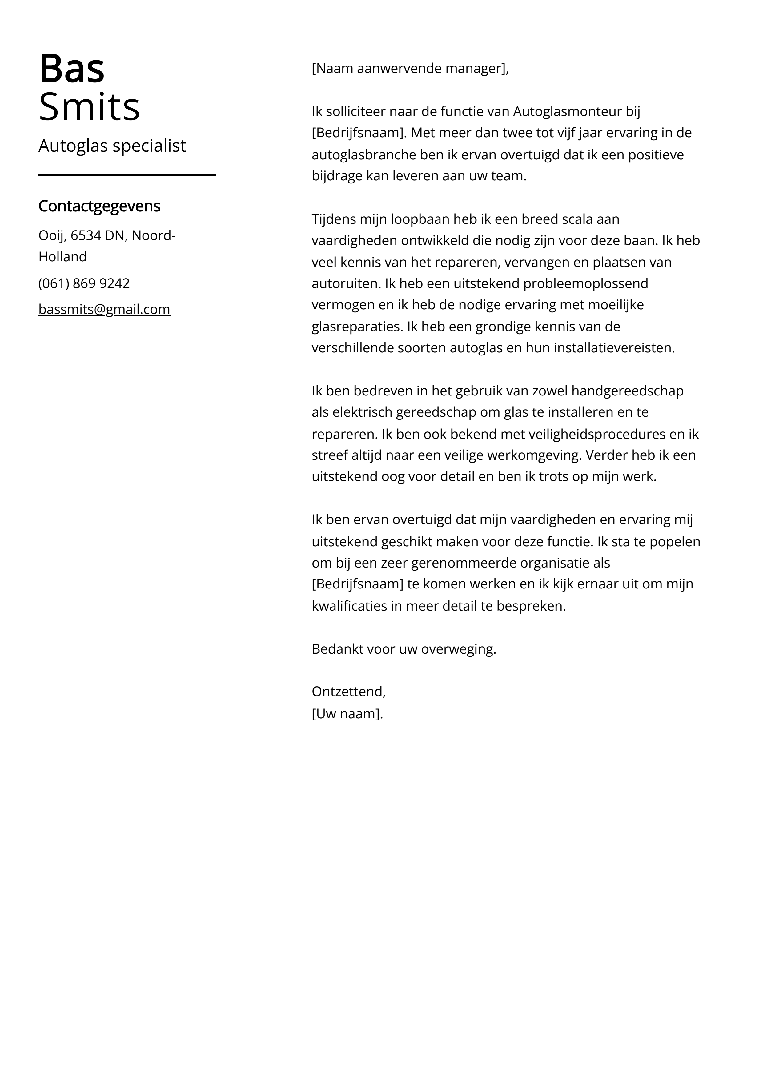 Autoglas specialist Voorbeeld sollicitatiebrief