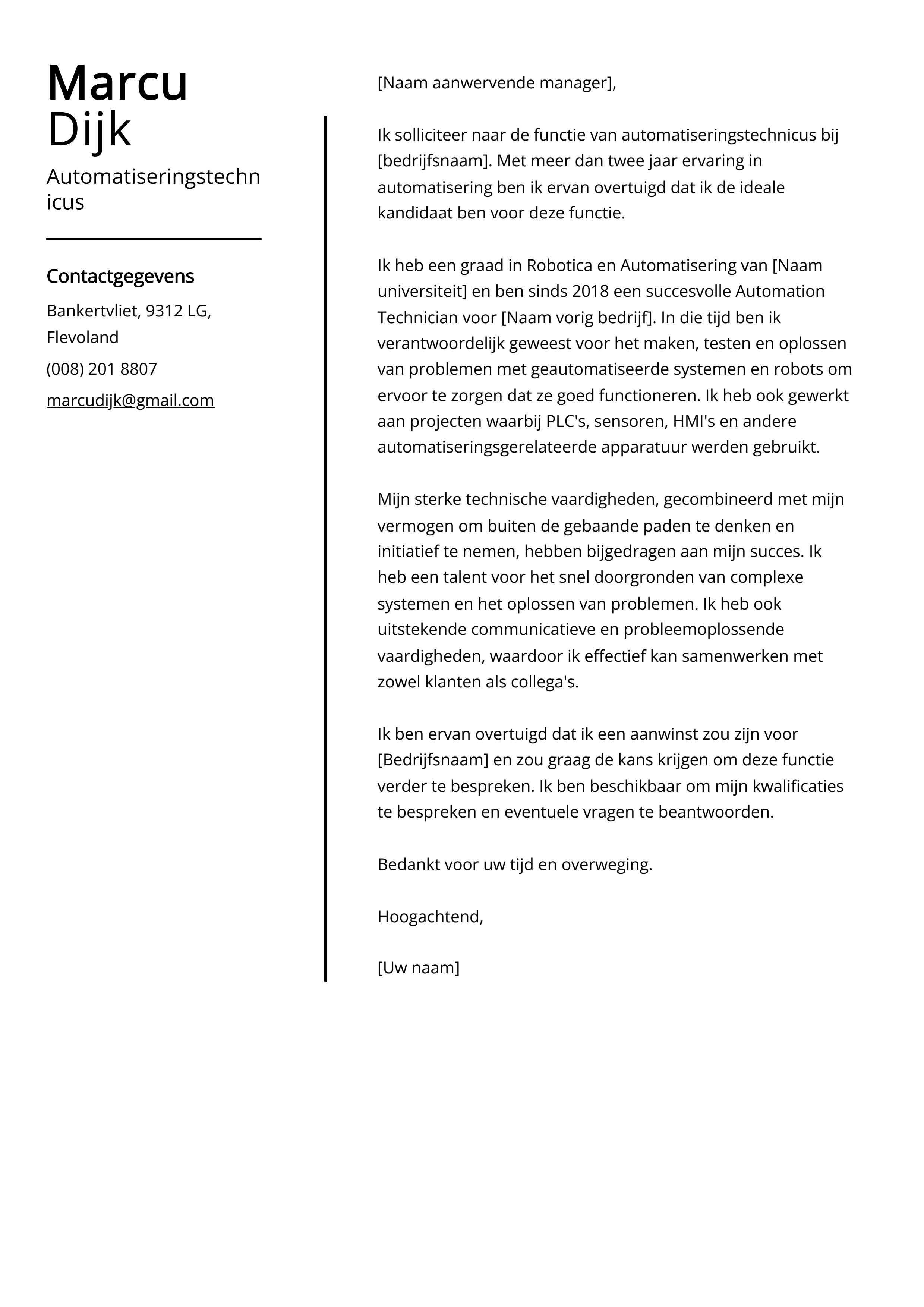 Automatiseringstechnicus Voorbeeld sollicitatiebrief