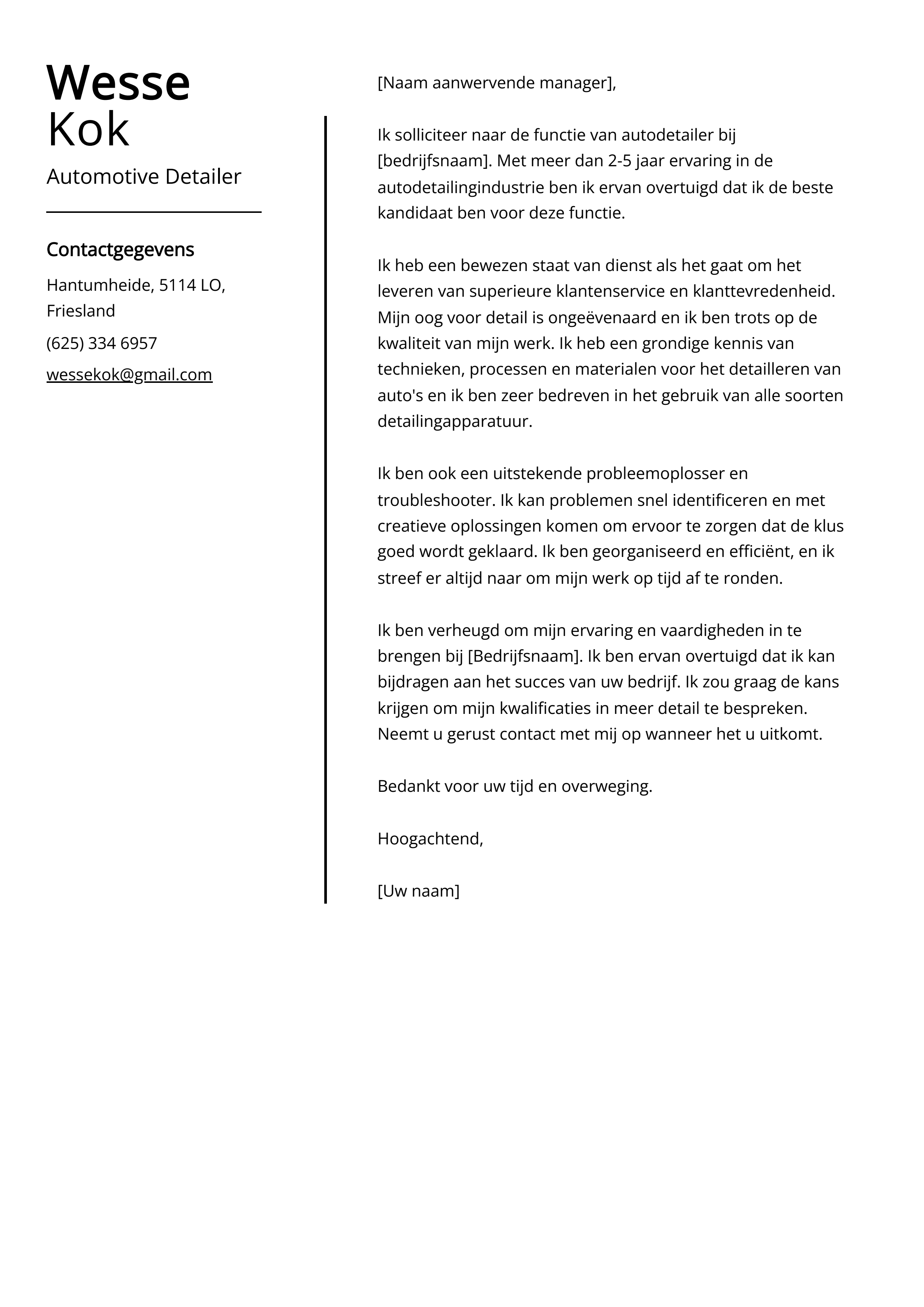 Automotive Detailer Voorbeeld sollicitatiebrief