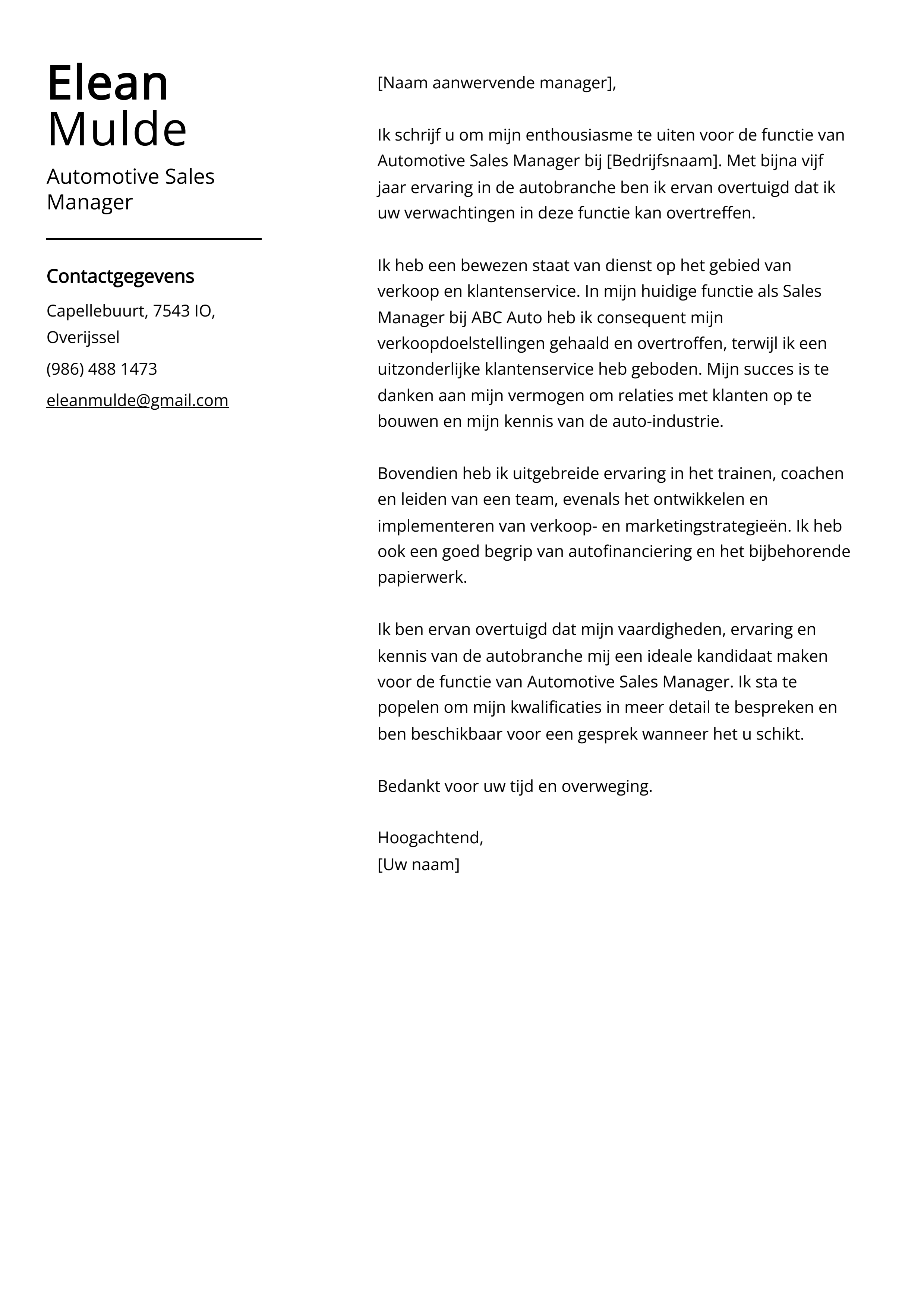 Automotive Sales Manager Voorbeeld sollicitatiebrief