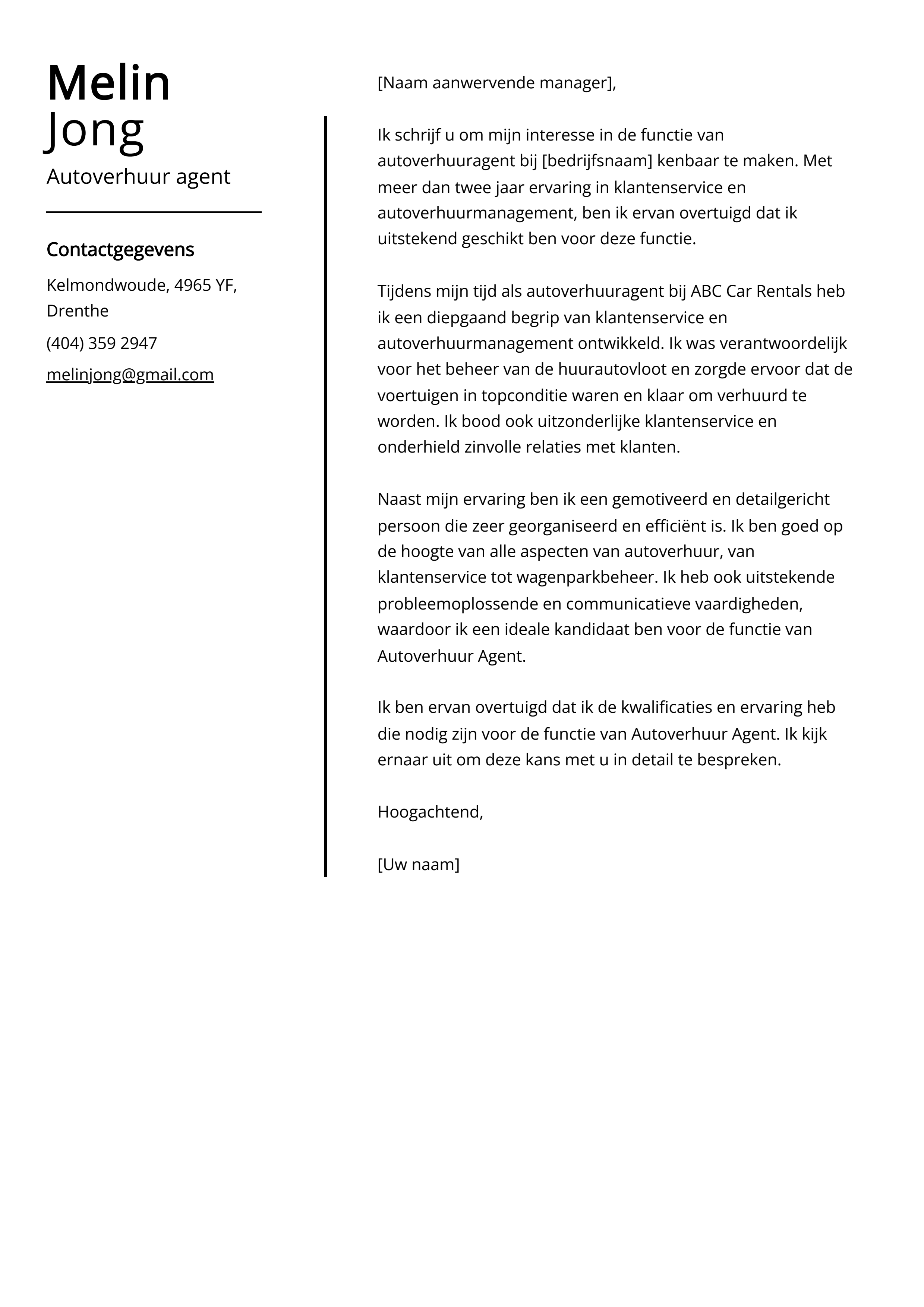 Autoverhuur agent Cover Letter Voorbeeld