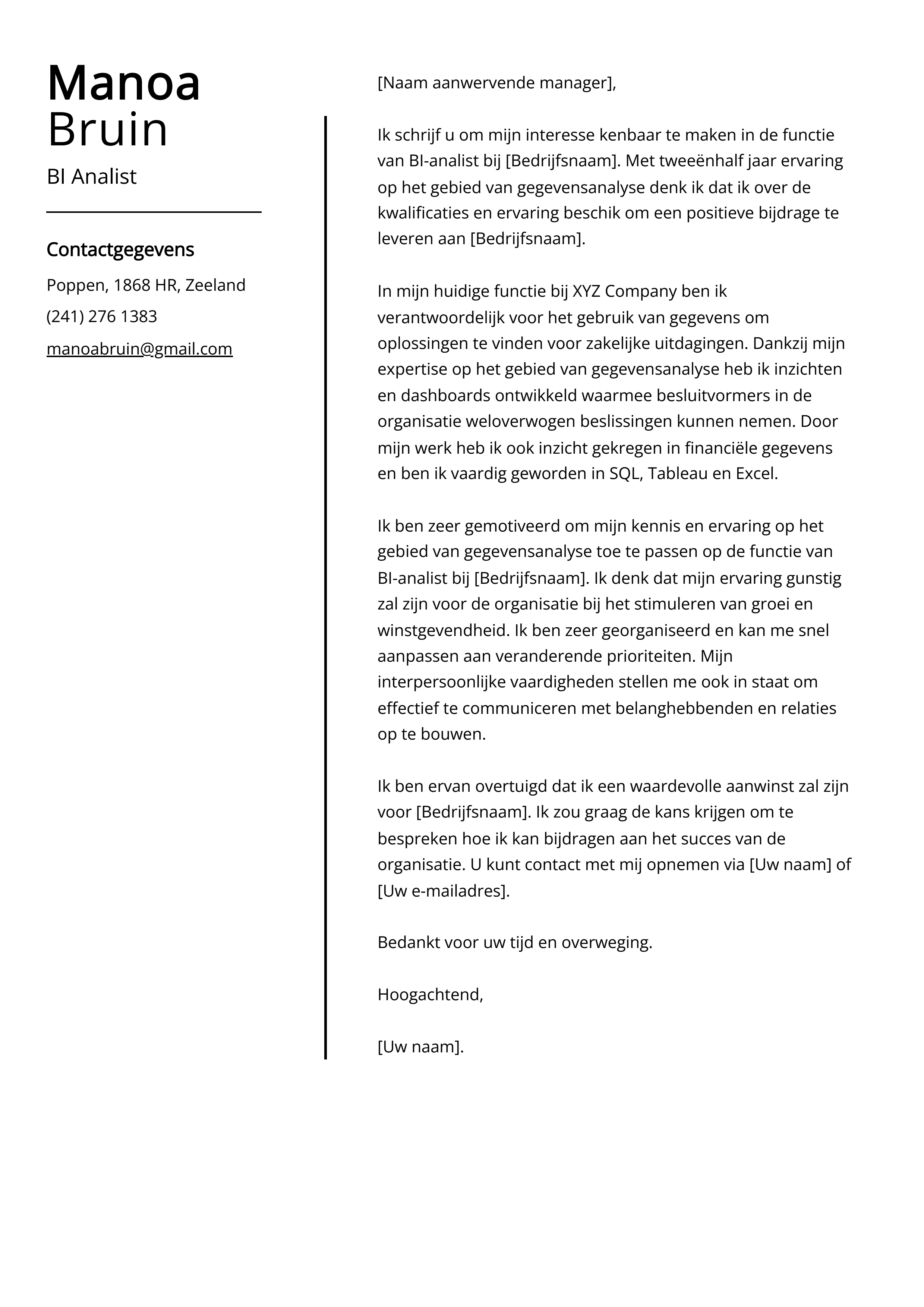 BI Analist Sollicitatiebrief Voorbeeld