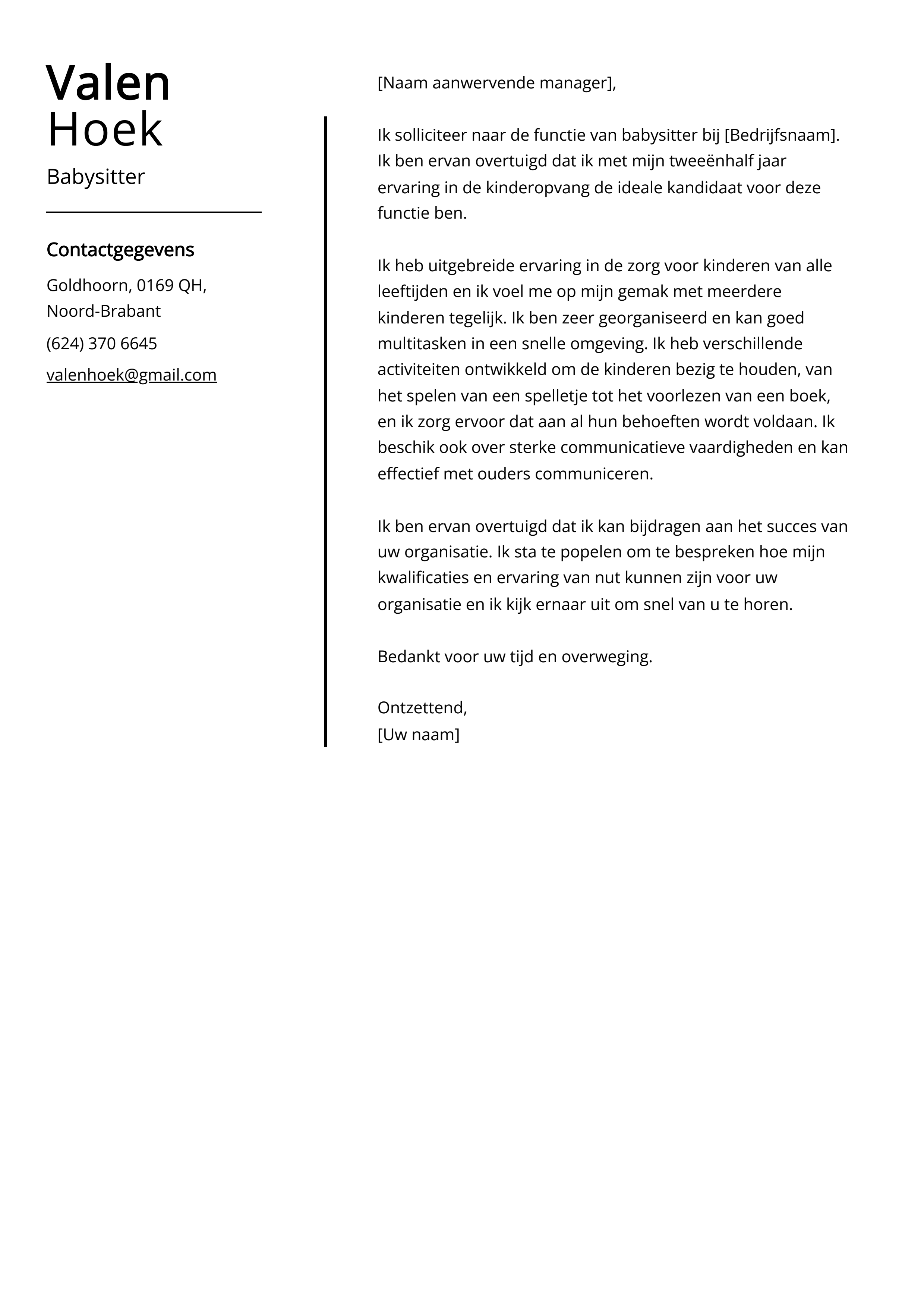 Babysitter Voorbeeld sollicitatiebrief