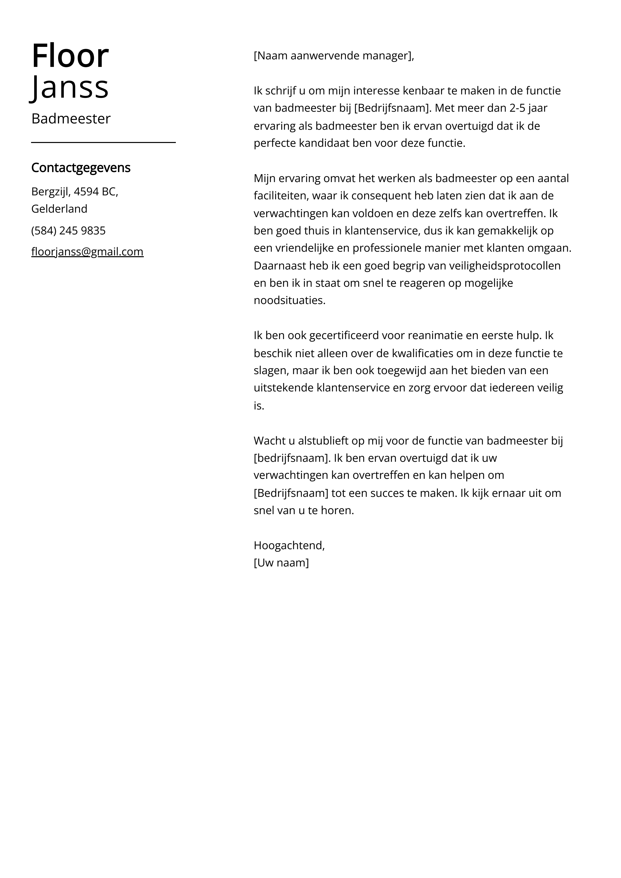 Badmeester Sollicitatiebrief Voorbeeld