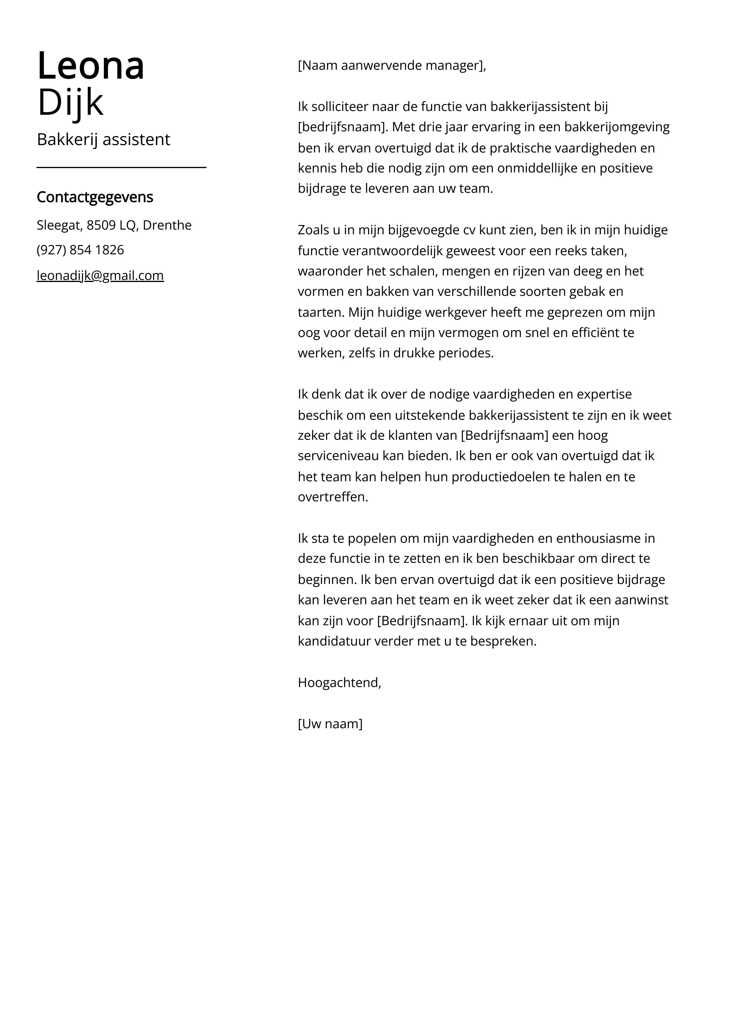 Bakkerij assistent Voorbeeld sollicitatiebrief