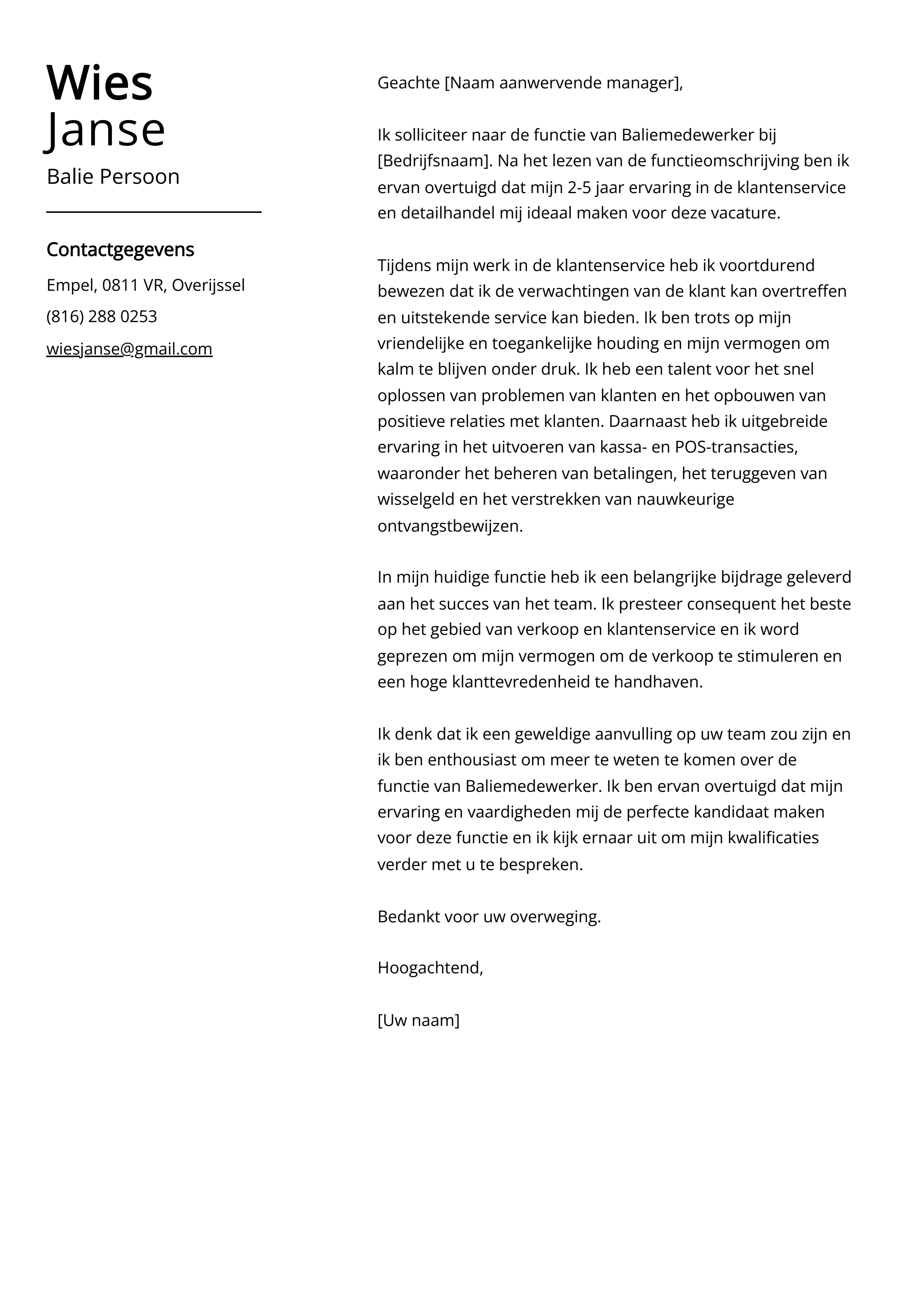 Balie Persoon Sollicitatiebrief Voorbeeld