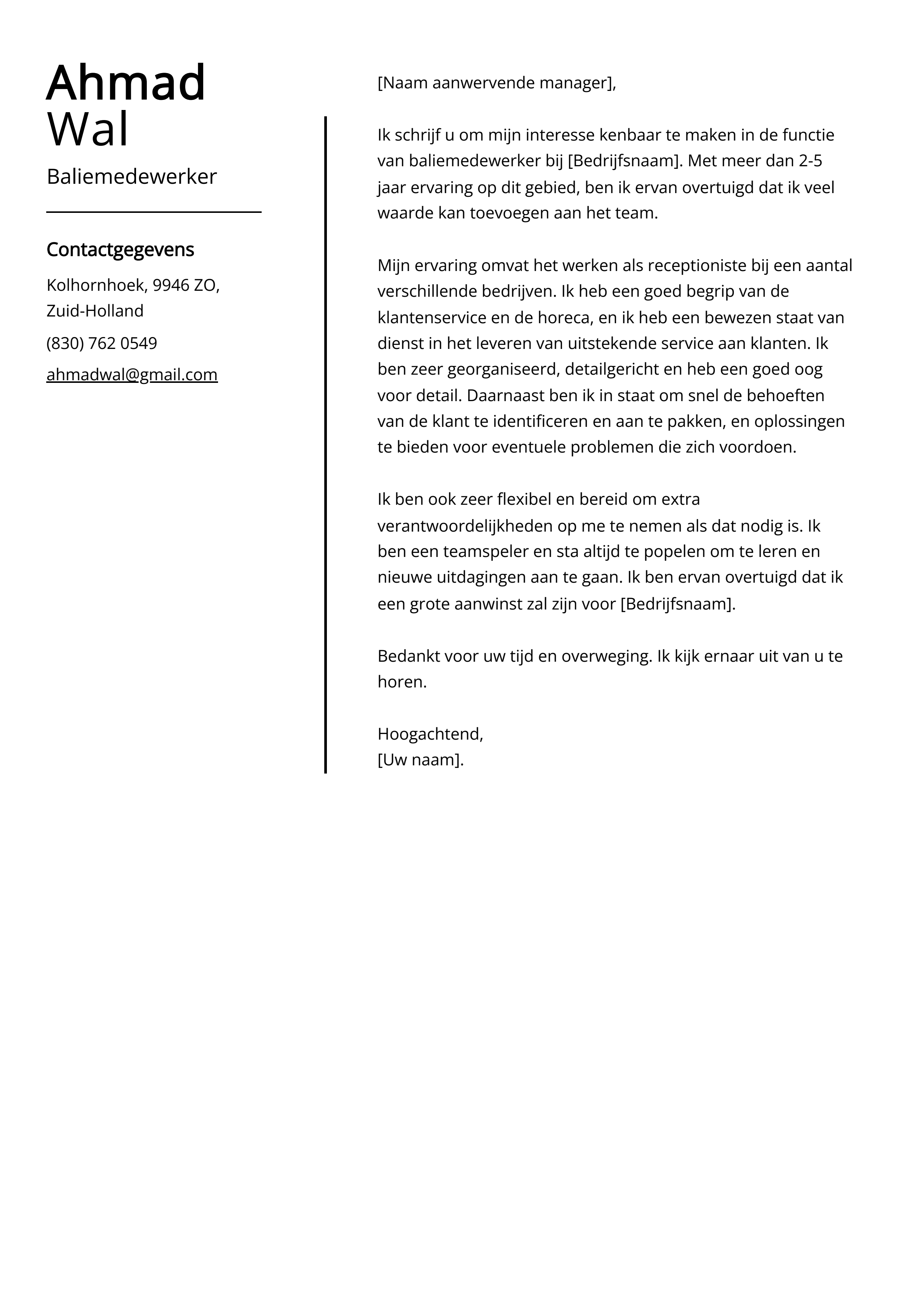 Baliemedewerker Sollicitatiebrief Voorbeeld