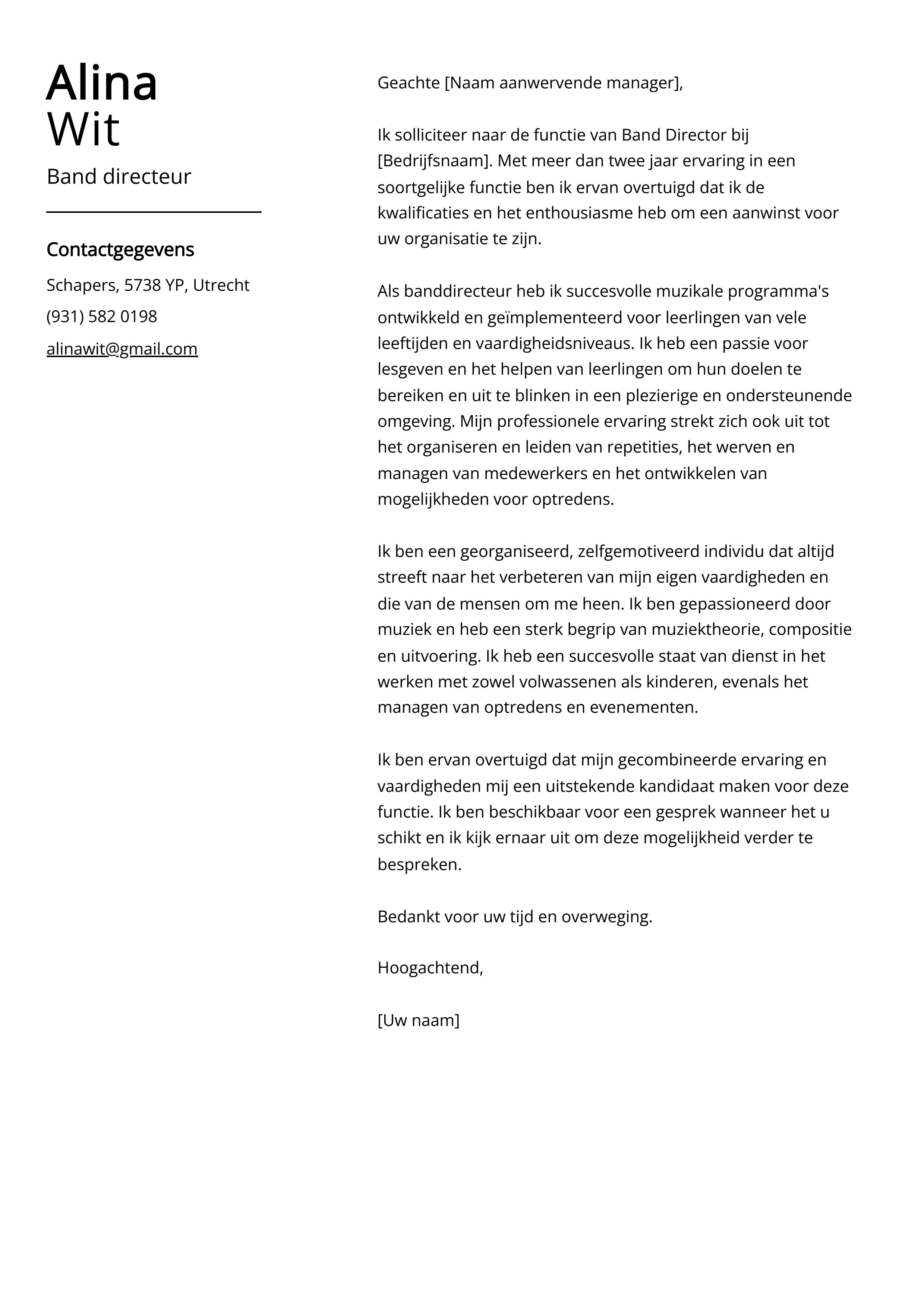 Band directeur sollicitatiebrief voorbeeld