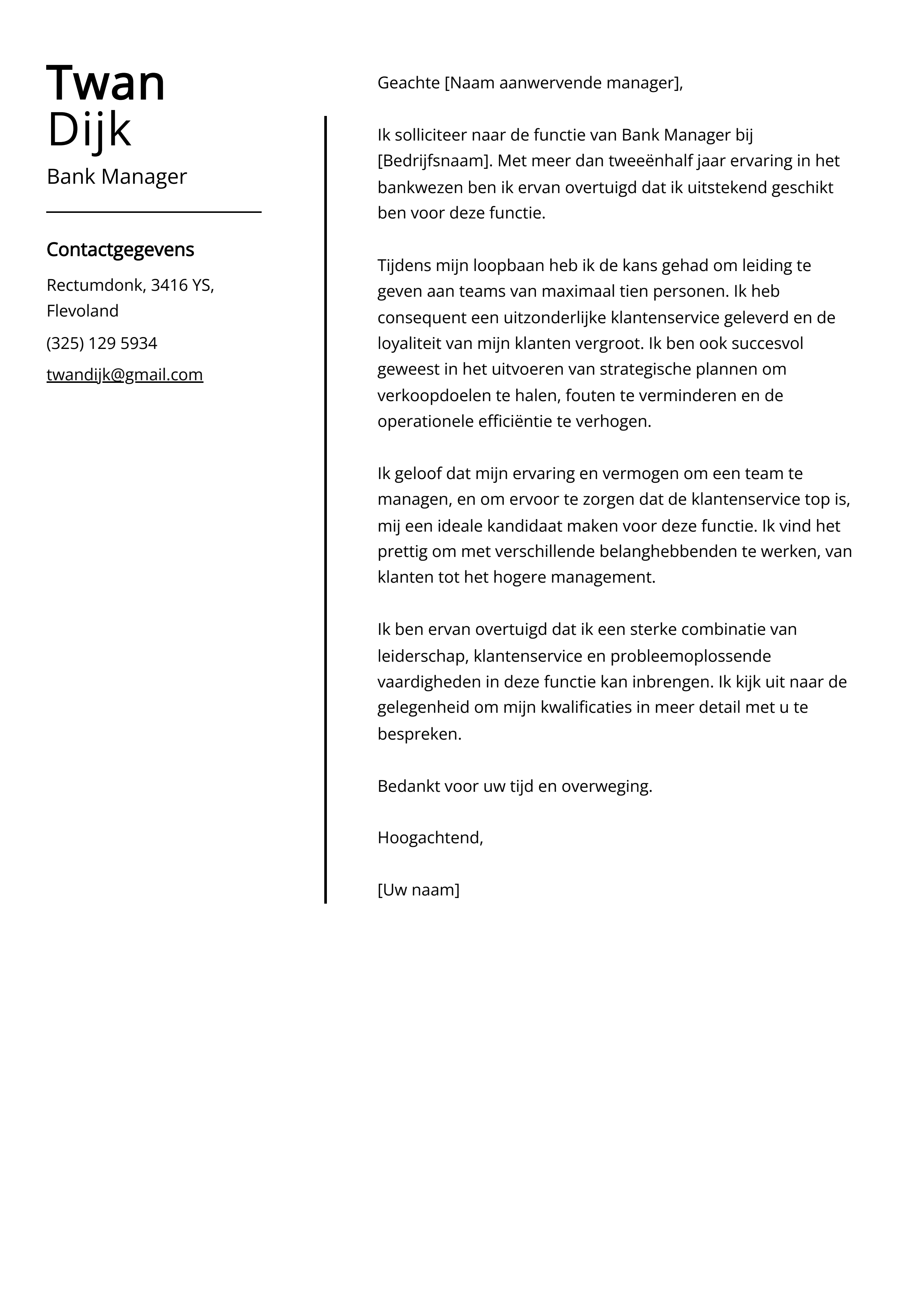 Bank Manager Voorbeeld sollicitatiebrief