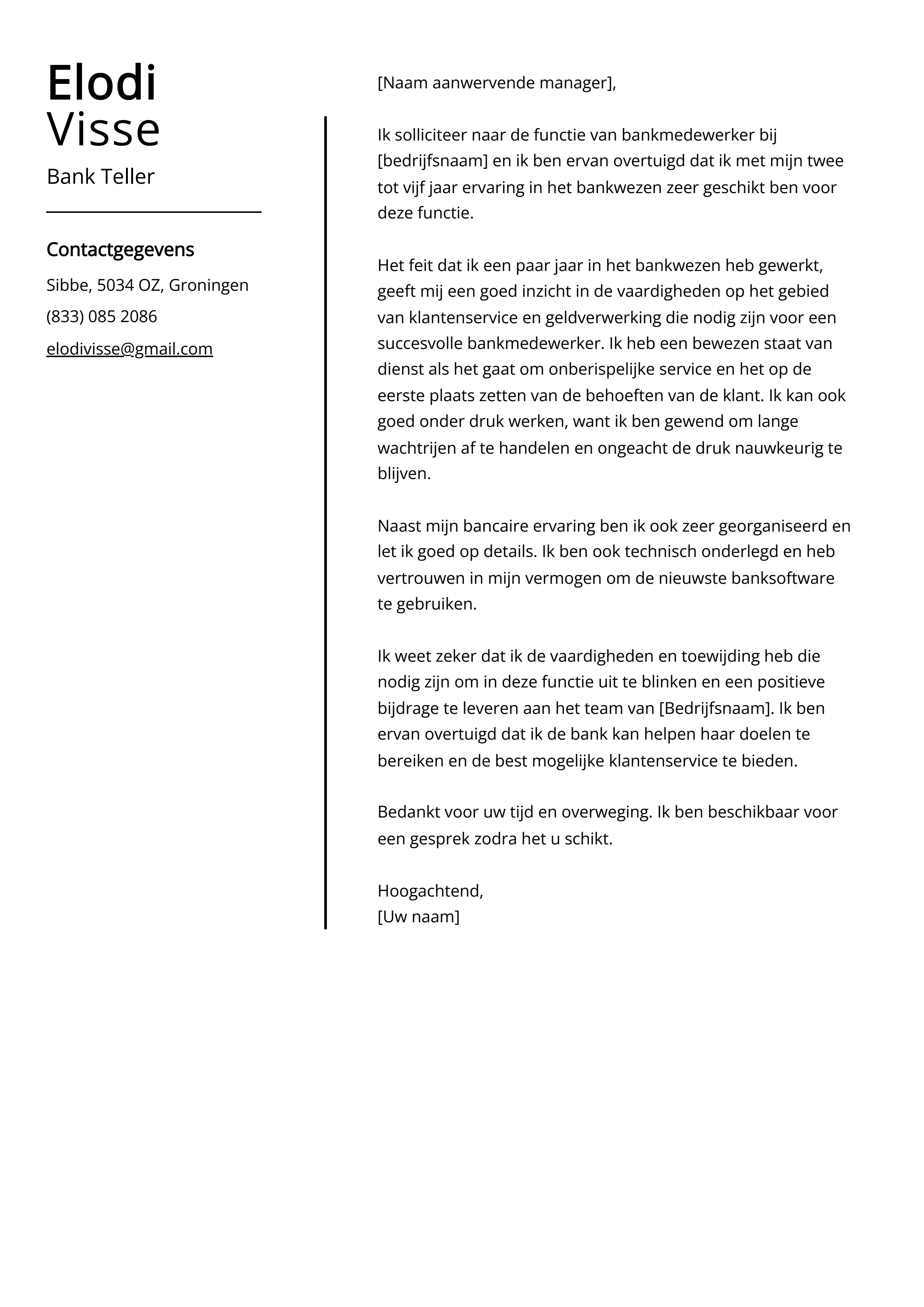 Bank Teller Voorbeeld sollicitatiebrief