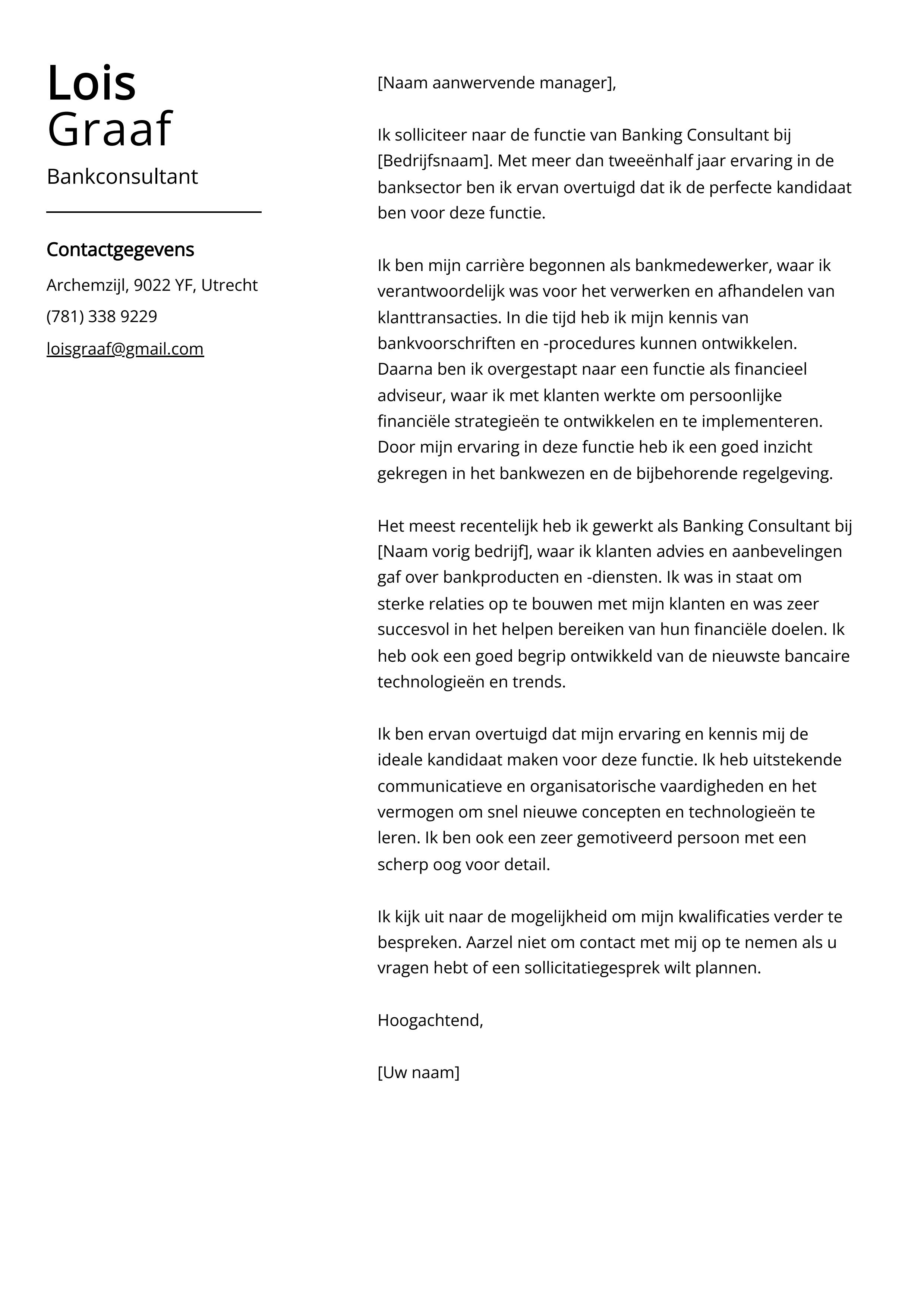 Bankconsultant sollicitatiebrief voorbeeld