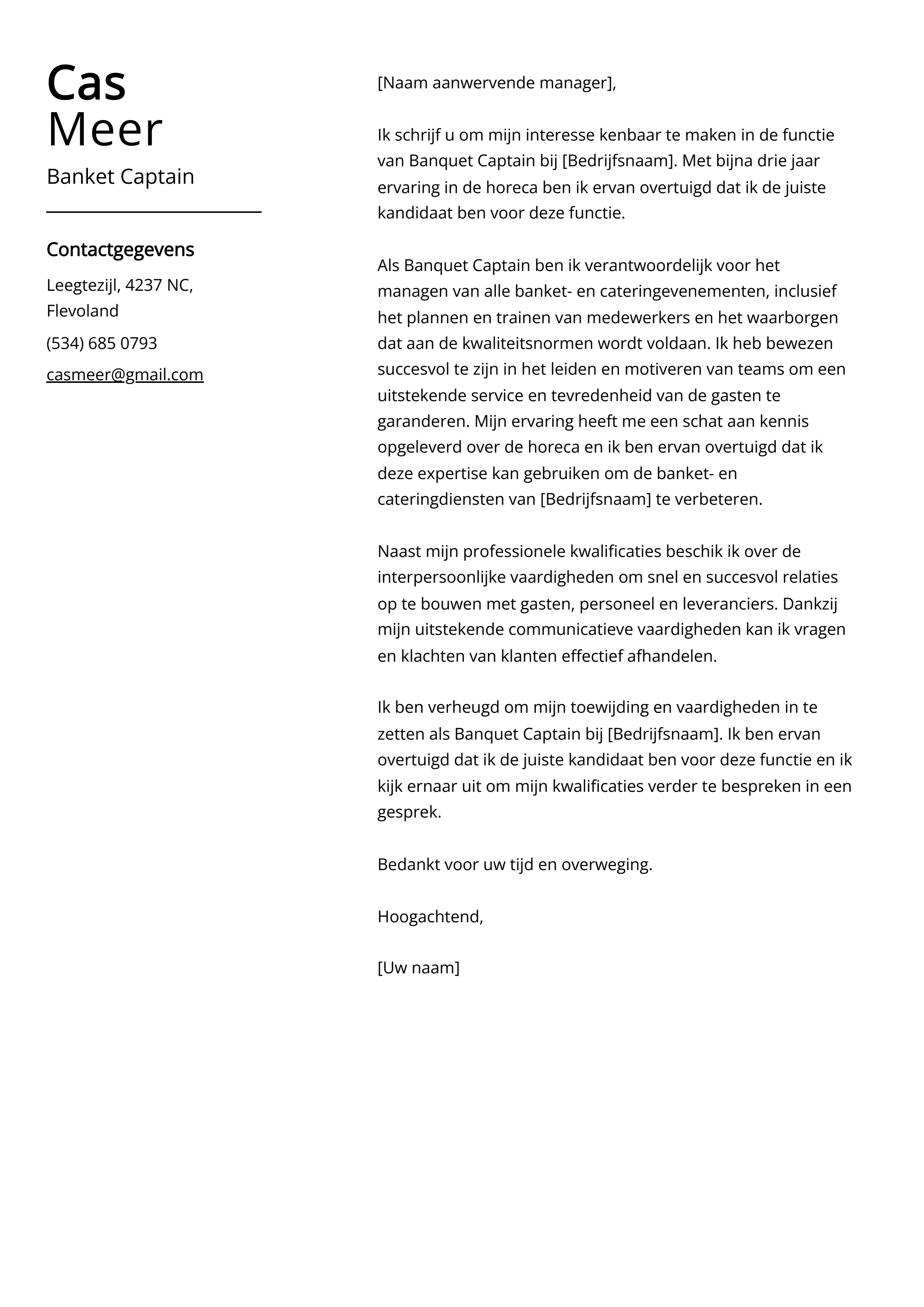 Voorbeeld sollicitatiebrief banketkapitein