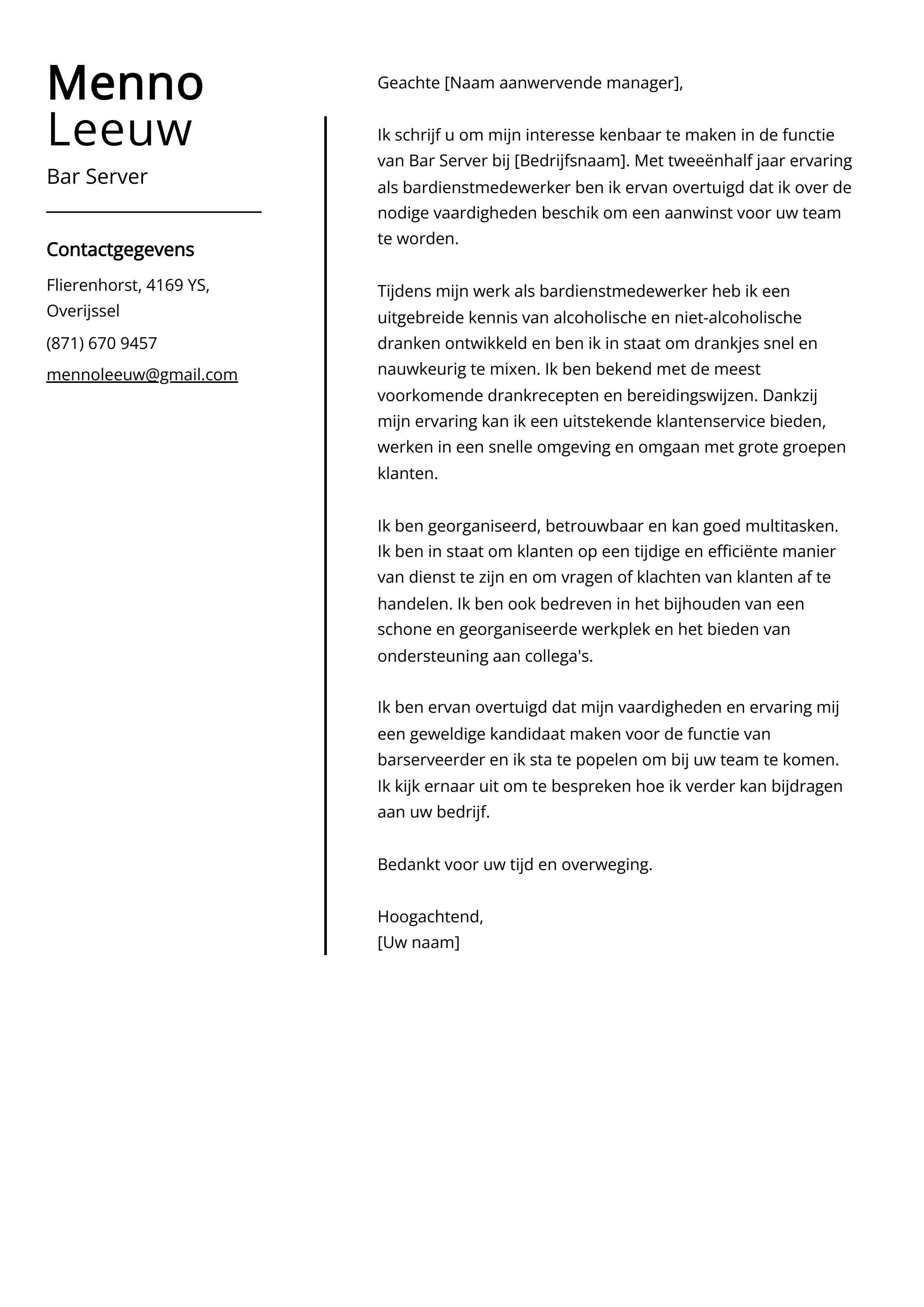 Bar Server Voorbeeld sollicitatiebrief