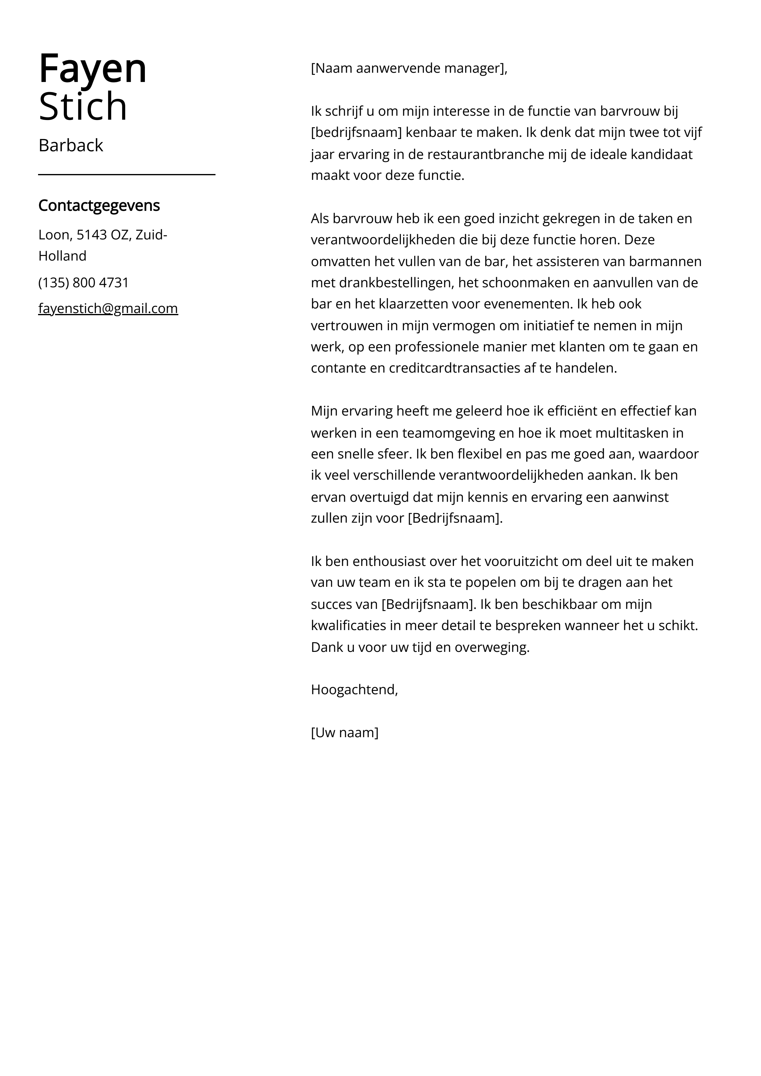 Barback Voorbeeld sollicitatiebrief