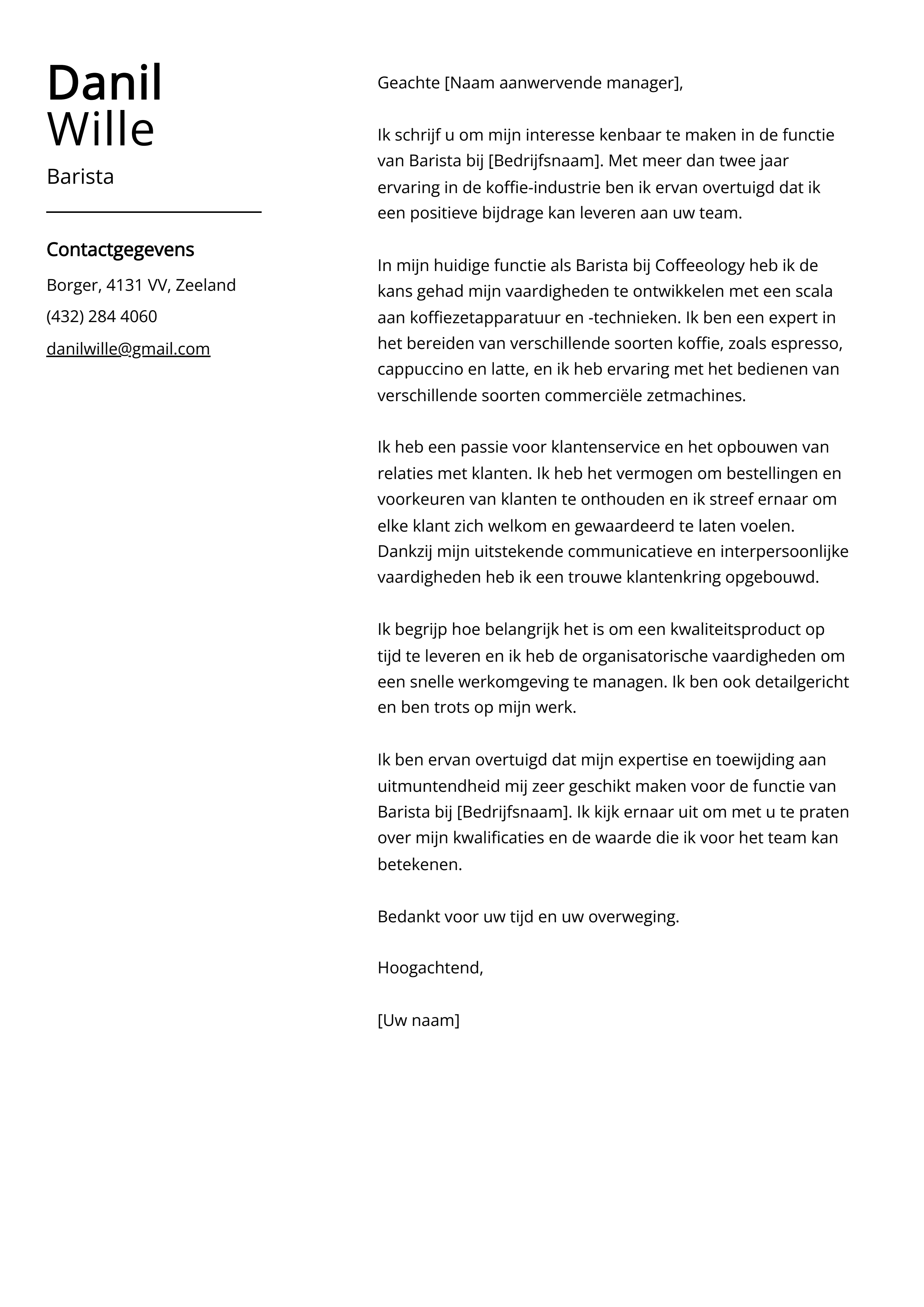 Barista Voorbeeld sollicitatiebrief