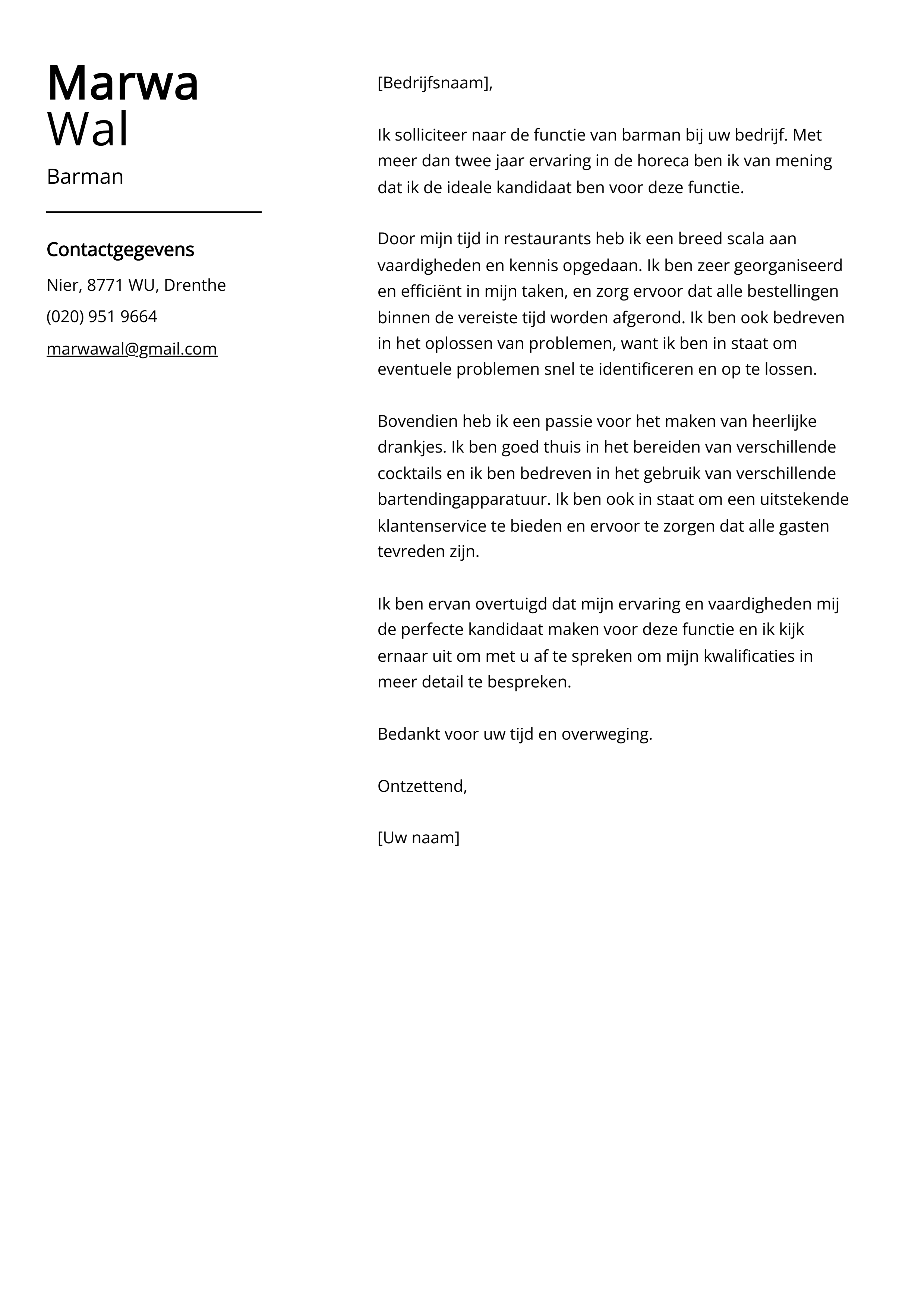 Barman sollicitatiebrief voorbeeld