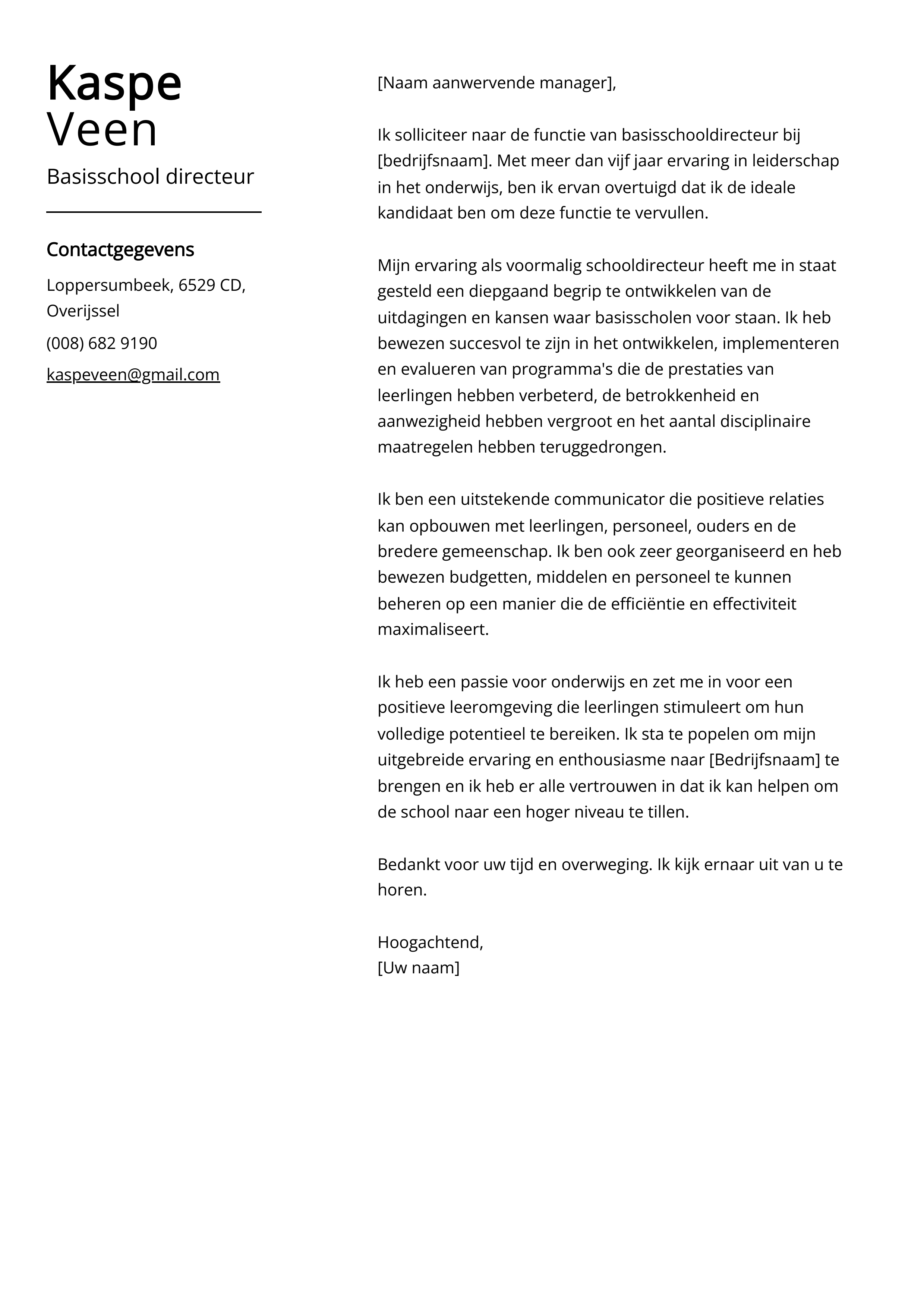 Basisschool directeur Sollicitatiebrief Voorbeeld